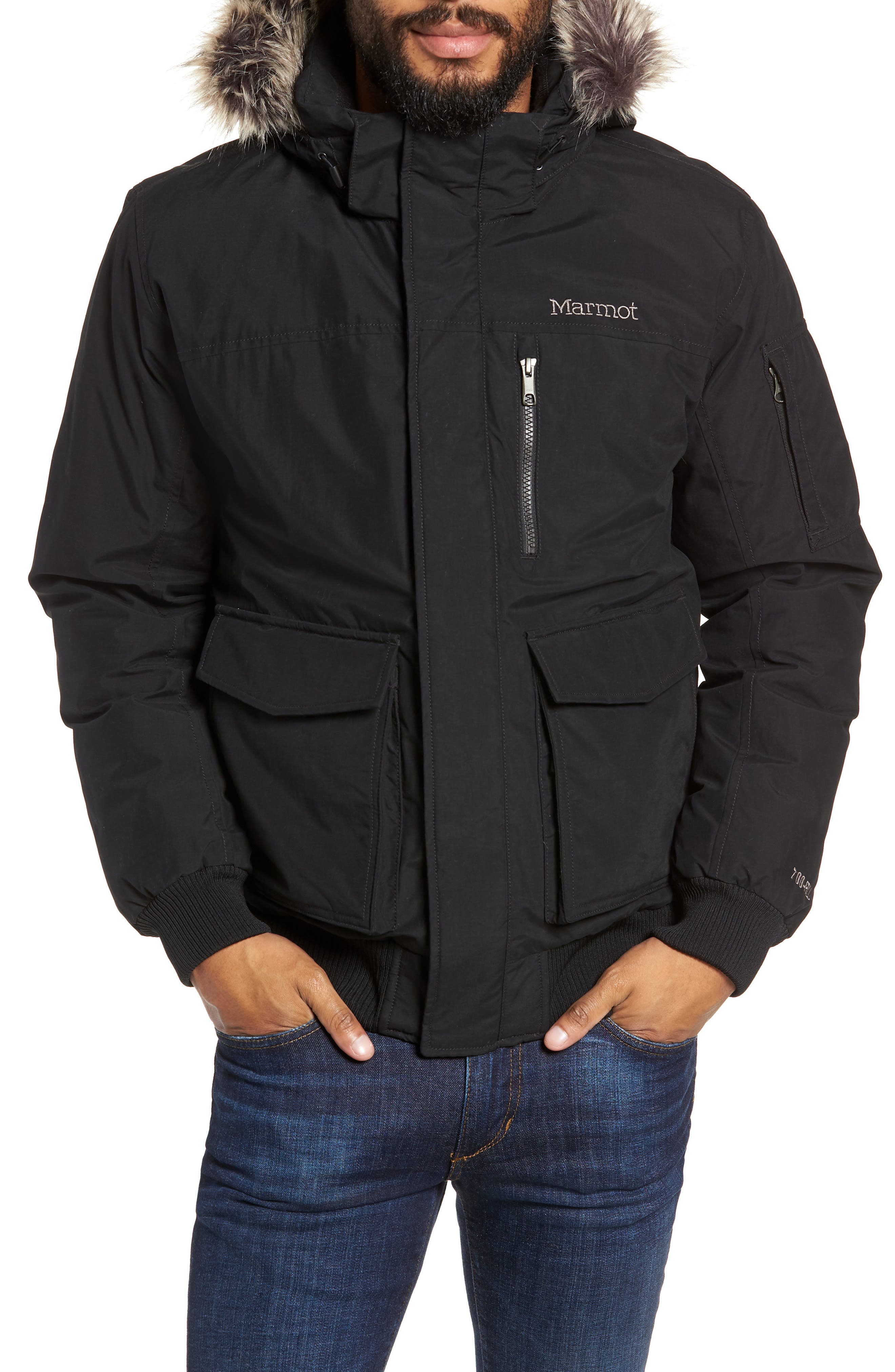 Marmot Stonehaven Waterproof 700 Fill Power Down Jacket With Faux Fur Trim, Black