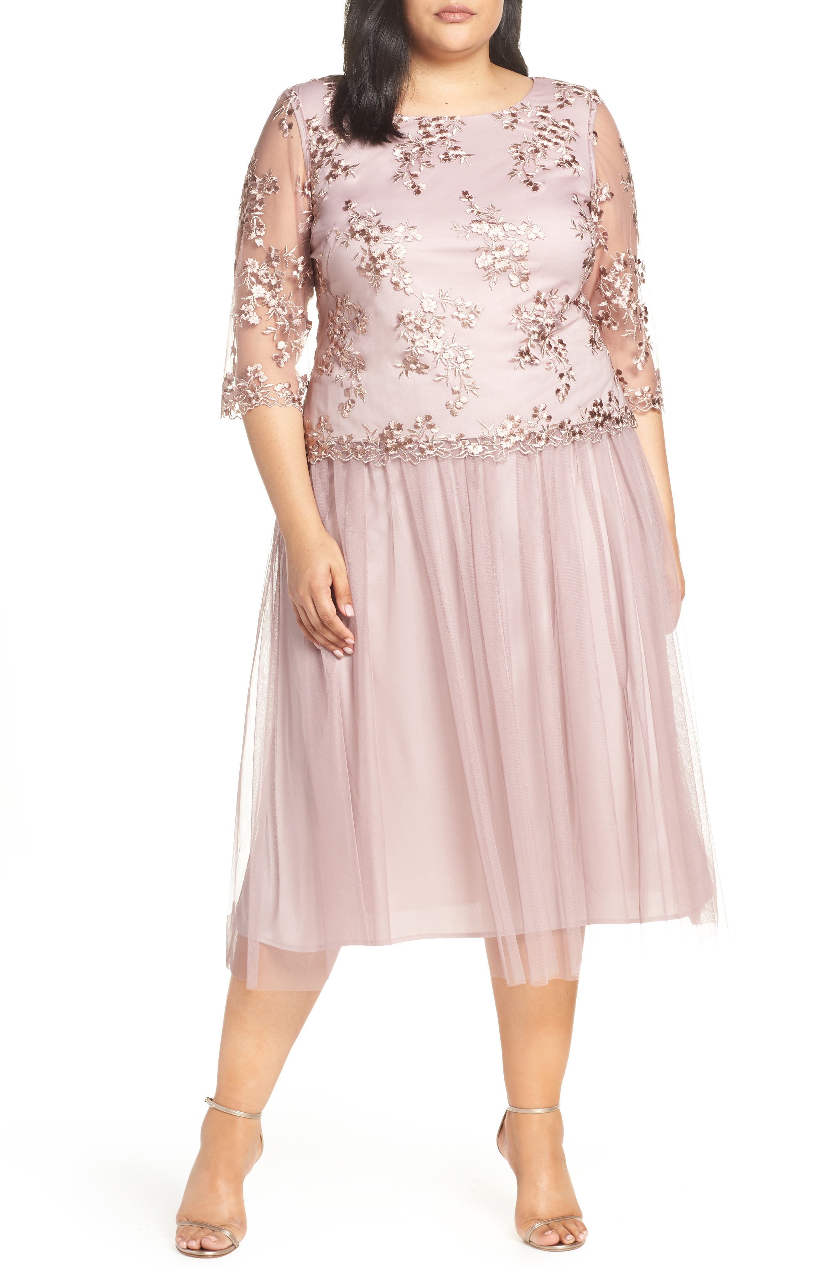 Plus Size Alex Evenings Mock Two-Piece Tea Length Dress, Pink