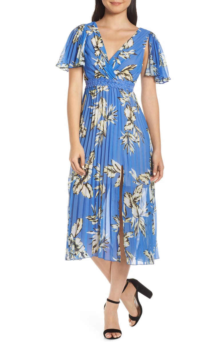 FOXIEDOX Floral Pleated Midi Dress, Main, color, BLUE MULTI
