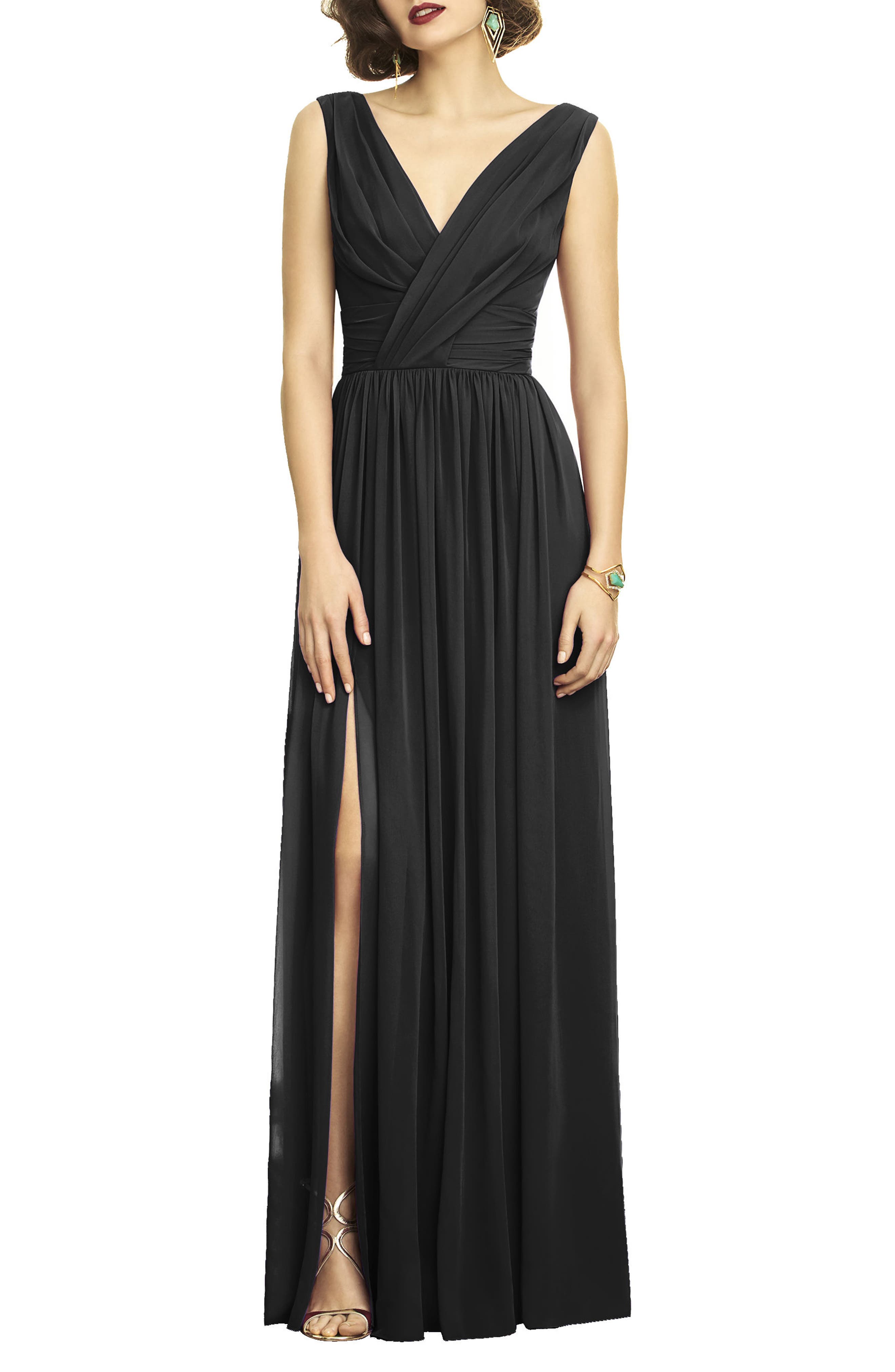 Dessy Collection Lux V-Neck Chiffon Gown, Black