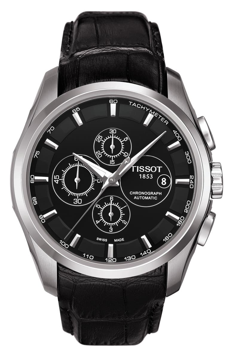 Shop Tissot Couturier Automatic Chronograph Leather Strap Watch, 43mm In Black/ Silver