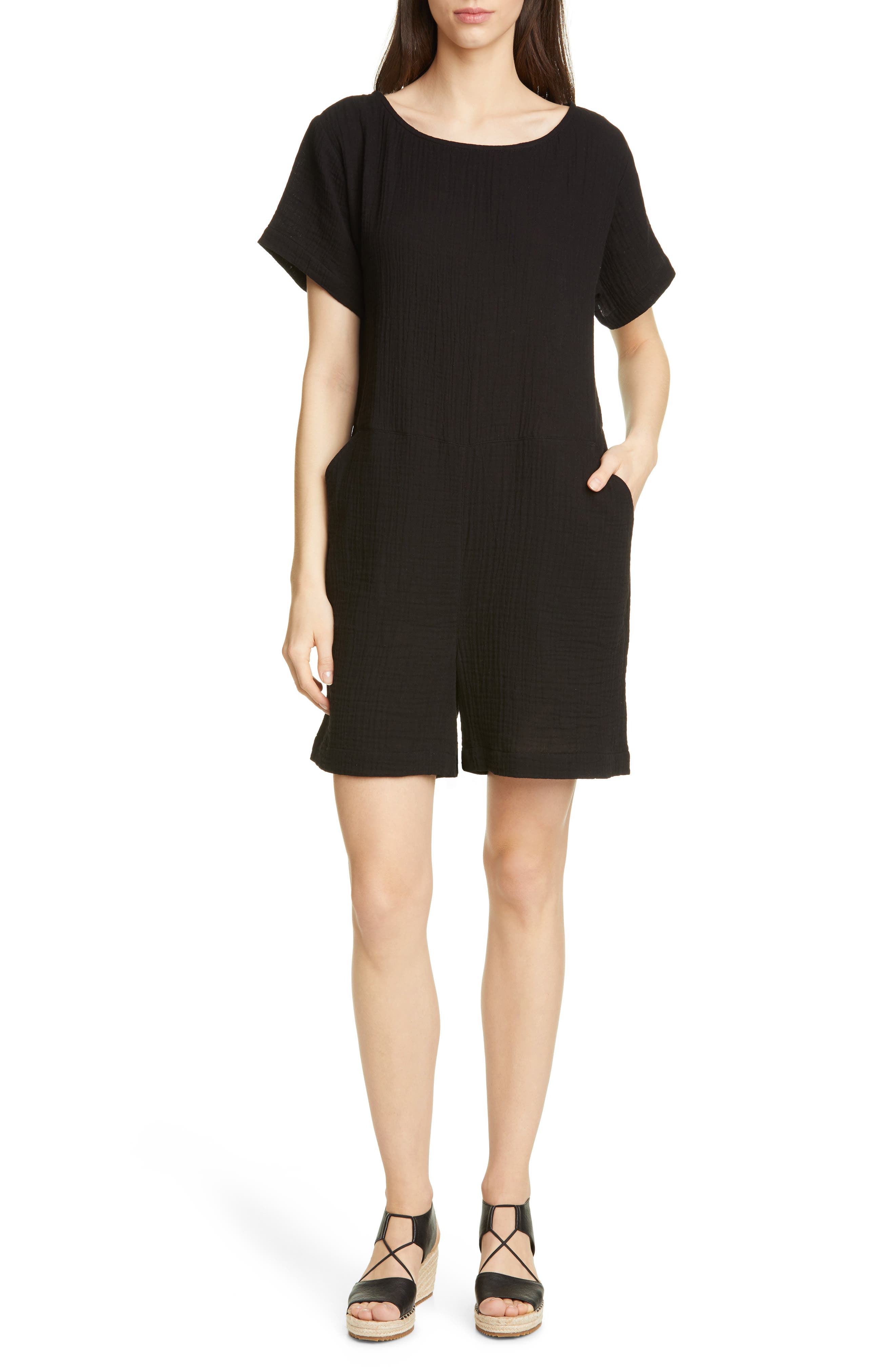 Eileen Fisher Short Sleeve Organic Cotton Romper, Black