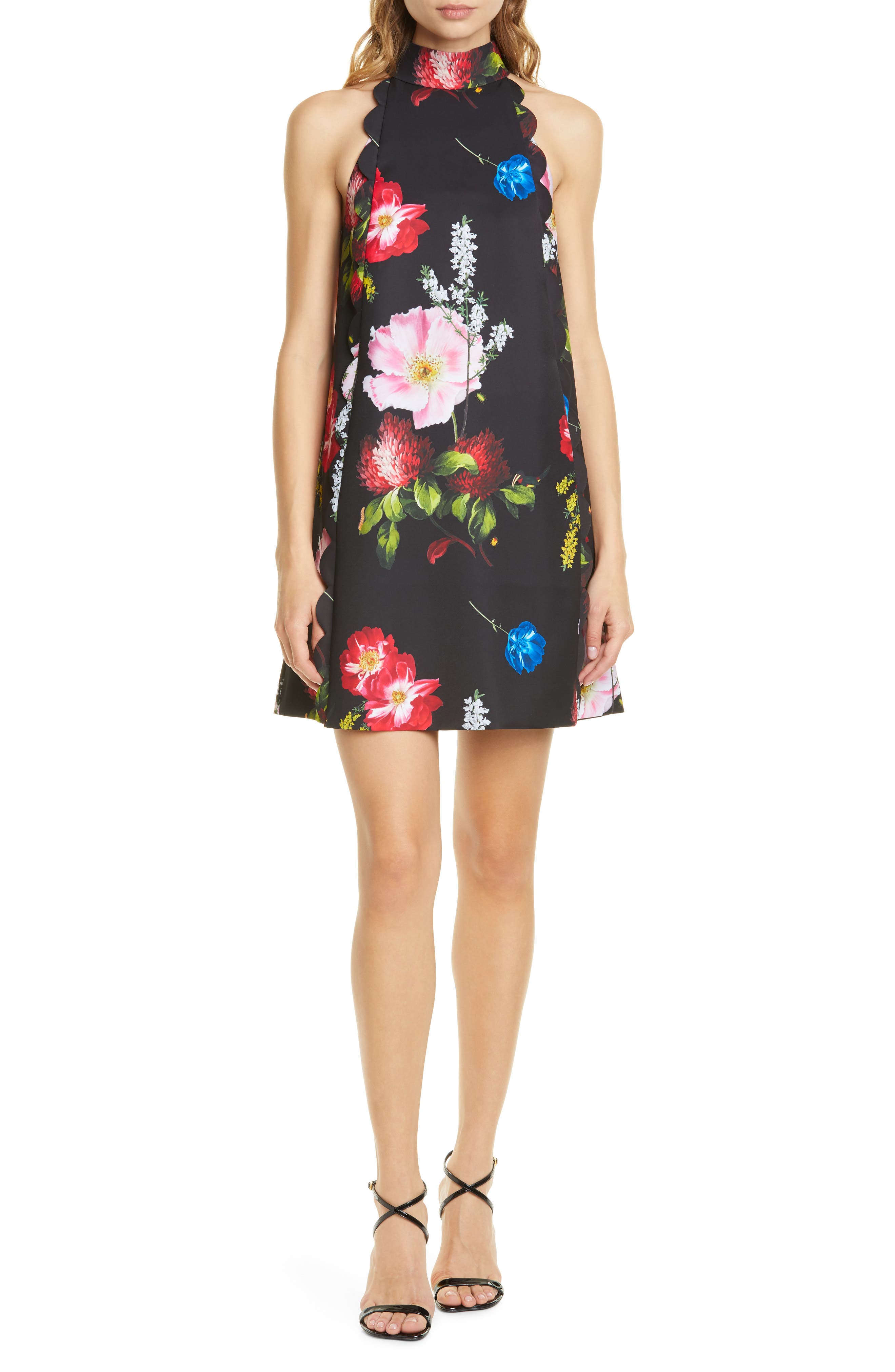 Ted Baker London Berry Sundae Floral Scallop Shift Dress, Black