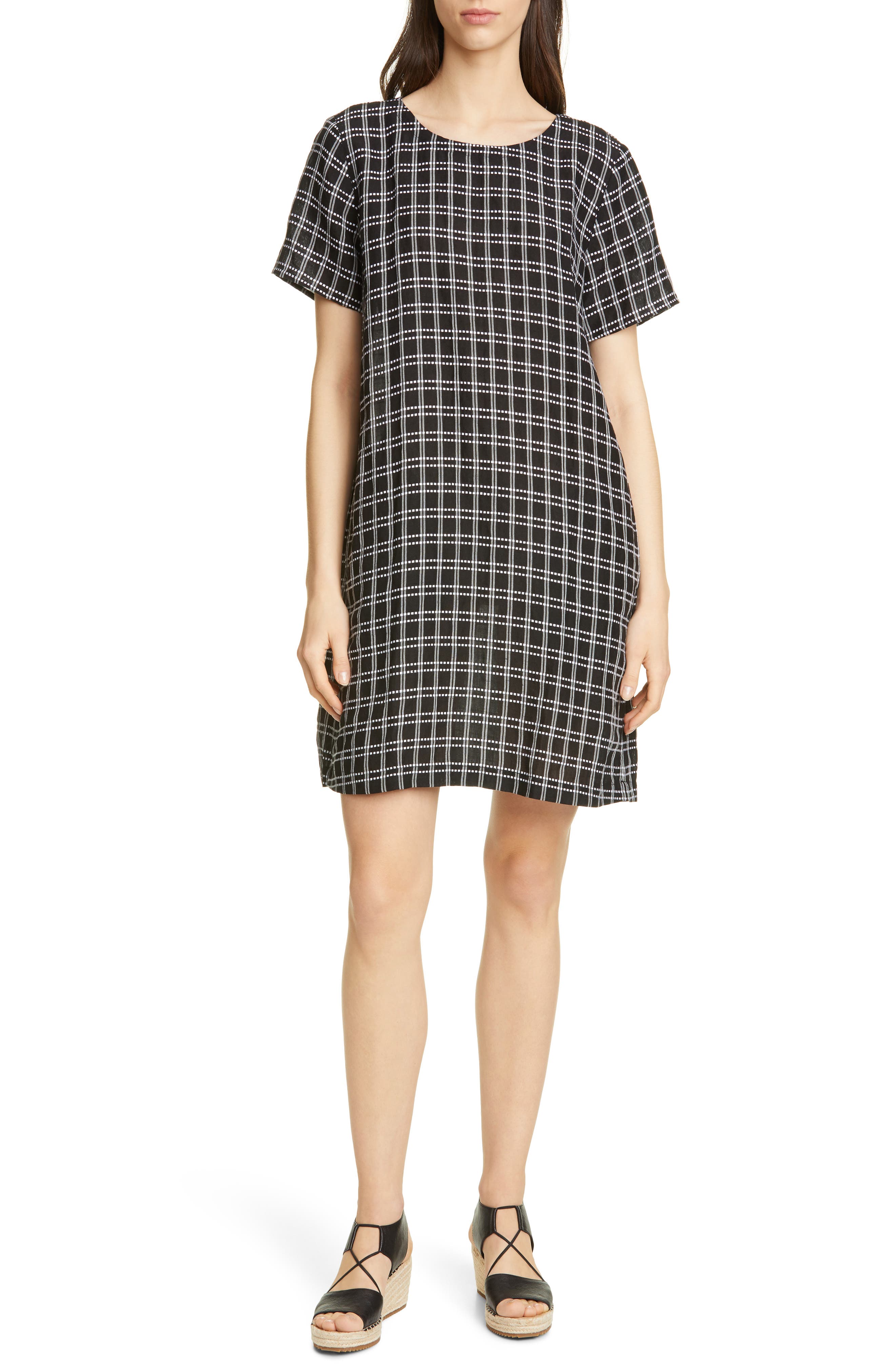 Eileen Fisher Check Print Shift Dress, Black