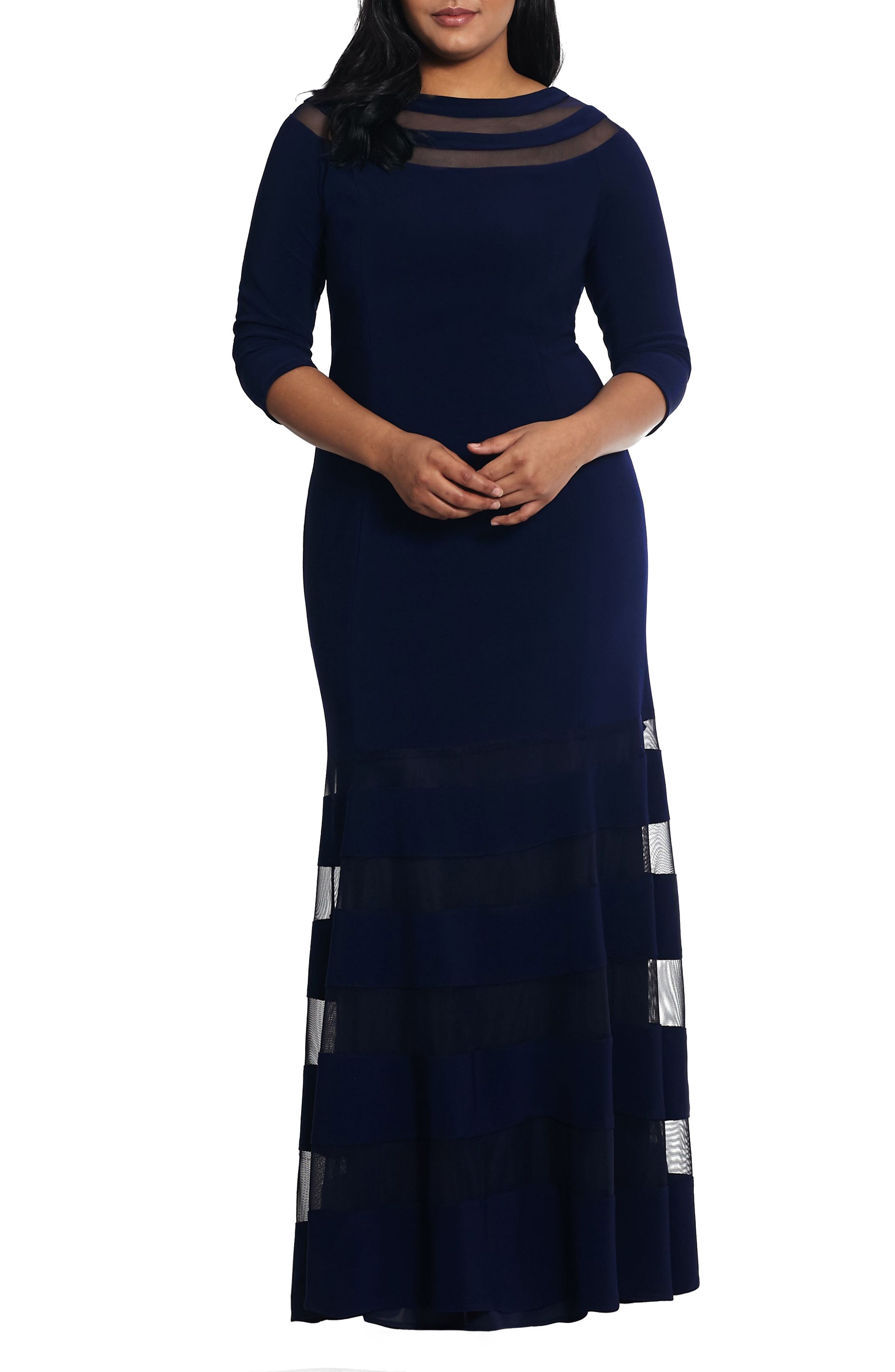 Plus Size Xscape Illusion Inset Gown, Blue