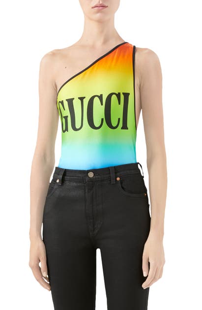 Click to view more detailed imagery on our partner's website Gucci Logo Print Rainbow One-Piece Swimsuit In Black/ Multicolor