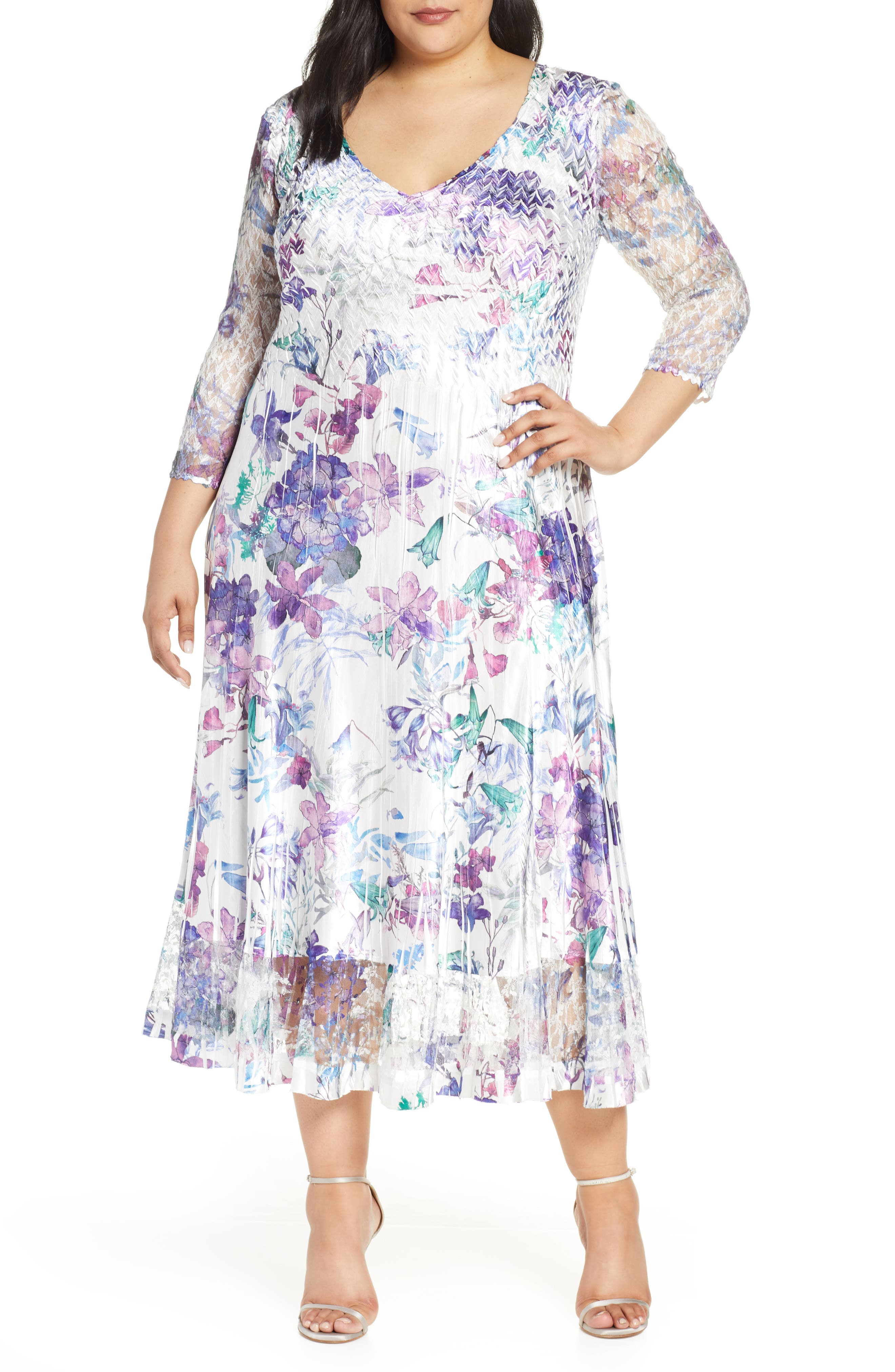 Plus Size Komarov Floral Print V-Neck Charmeuse Tea Length Dress, Ivory