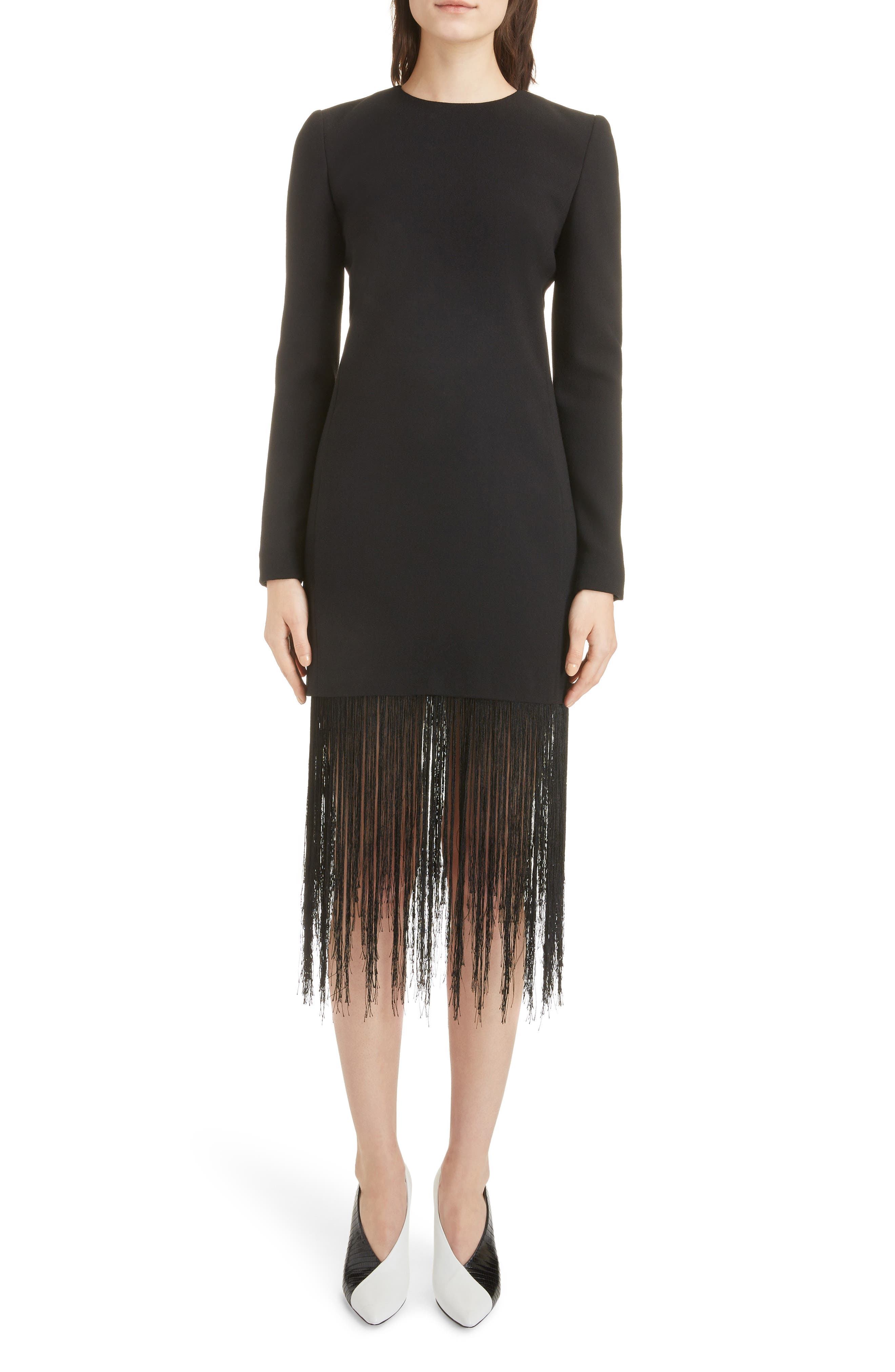 Givenchy Fringe Hem Wool Crepe Sheath Dress, 6 FR - Black