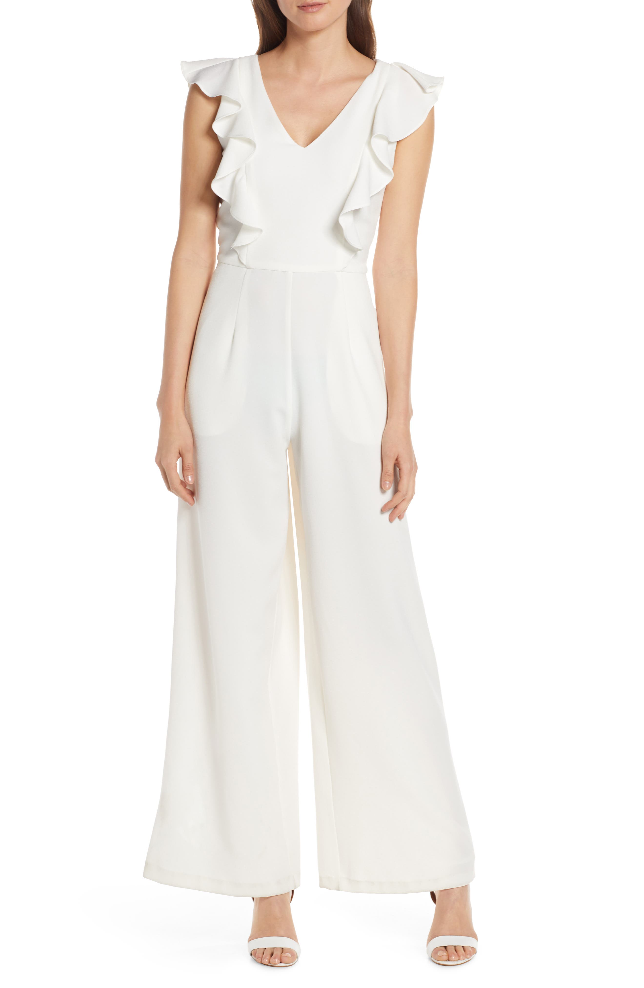 Julia Jordan Ruffle Sleeve Wide Leg Jumpsuit, Ivory