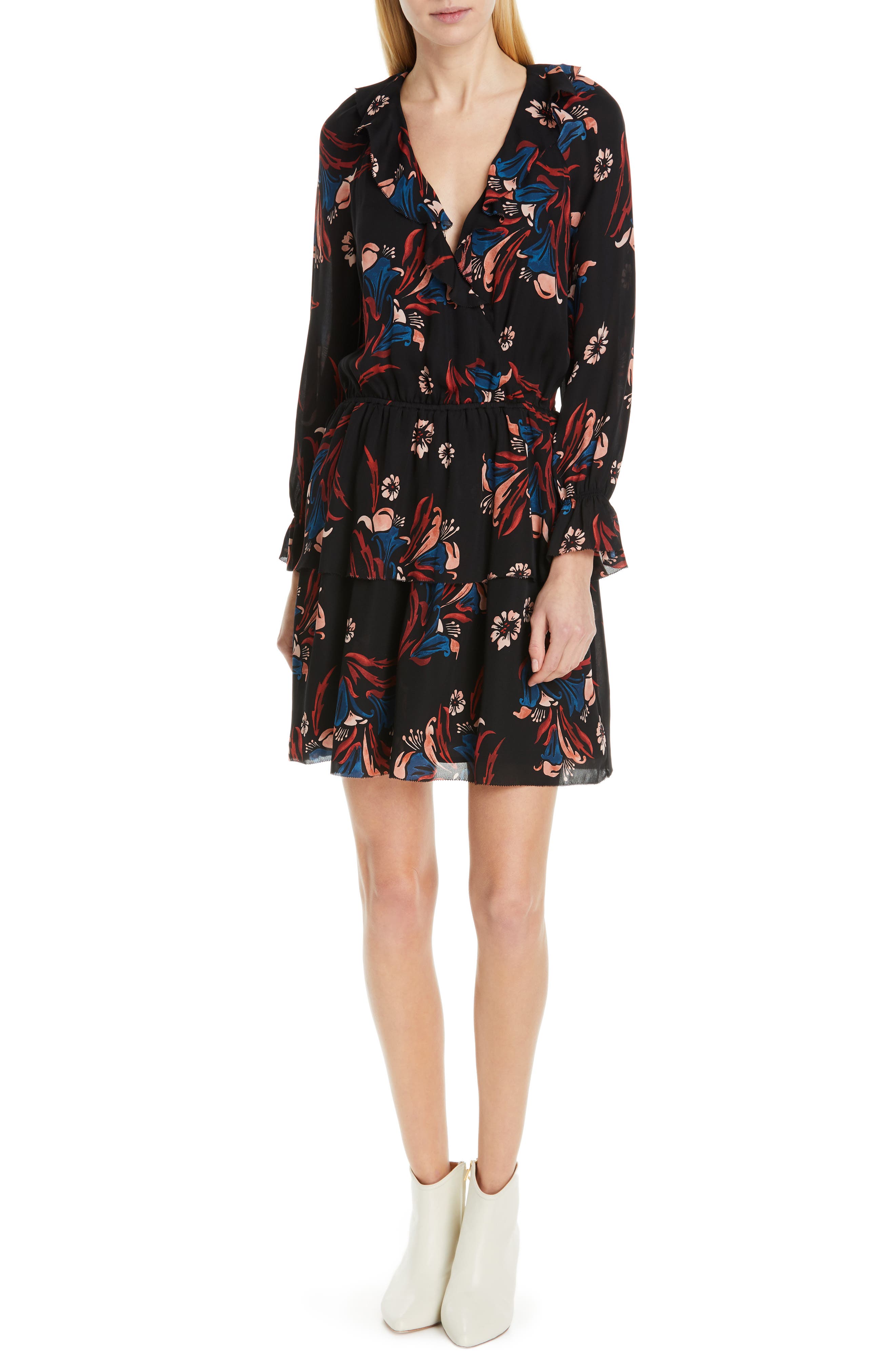Joie Nour Ruffle Neck Silk Dress, Black