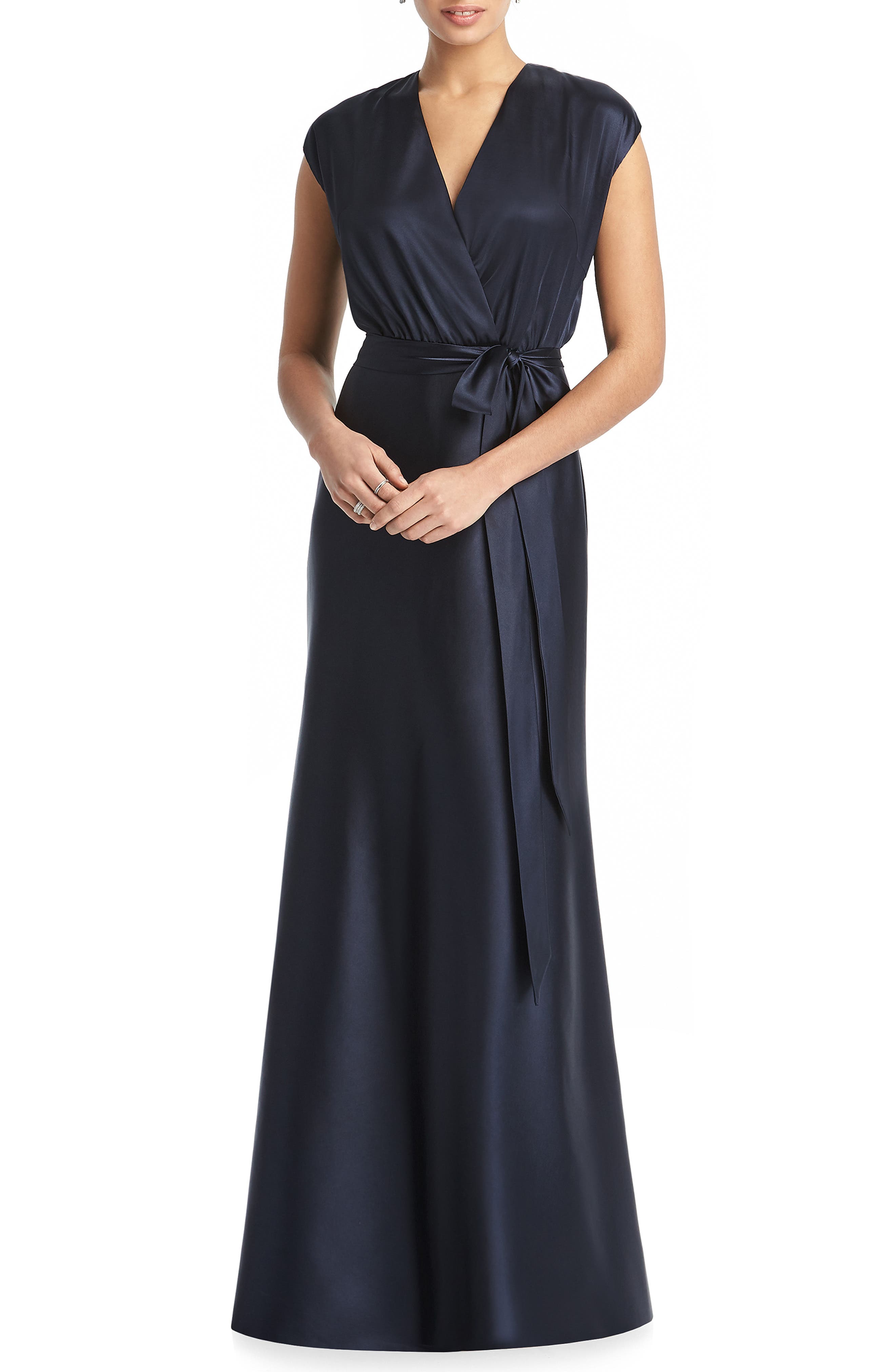 Dessy Collection V-Neck Stretch Chameuse Gown, Blue