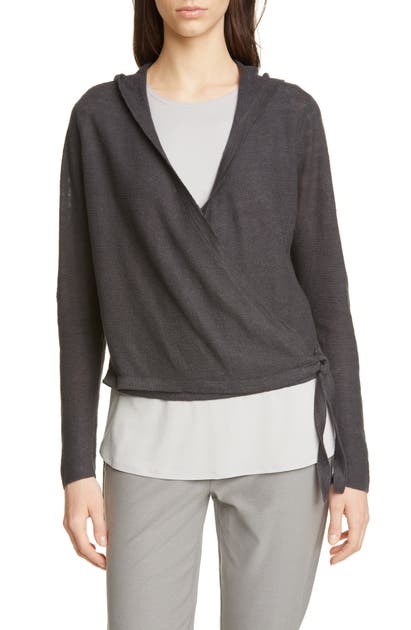 Eileen Fisher Organic Linen Knit Hooded Wrap Cardigan In Graphite
