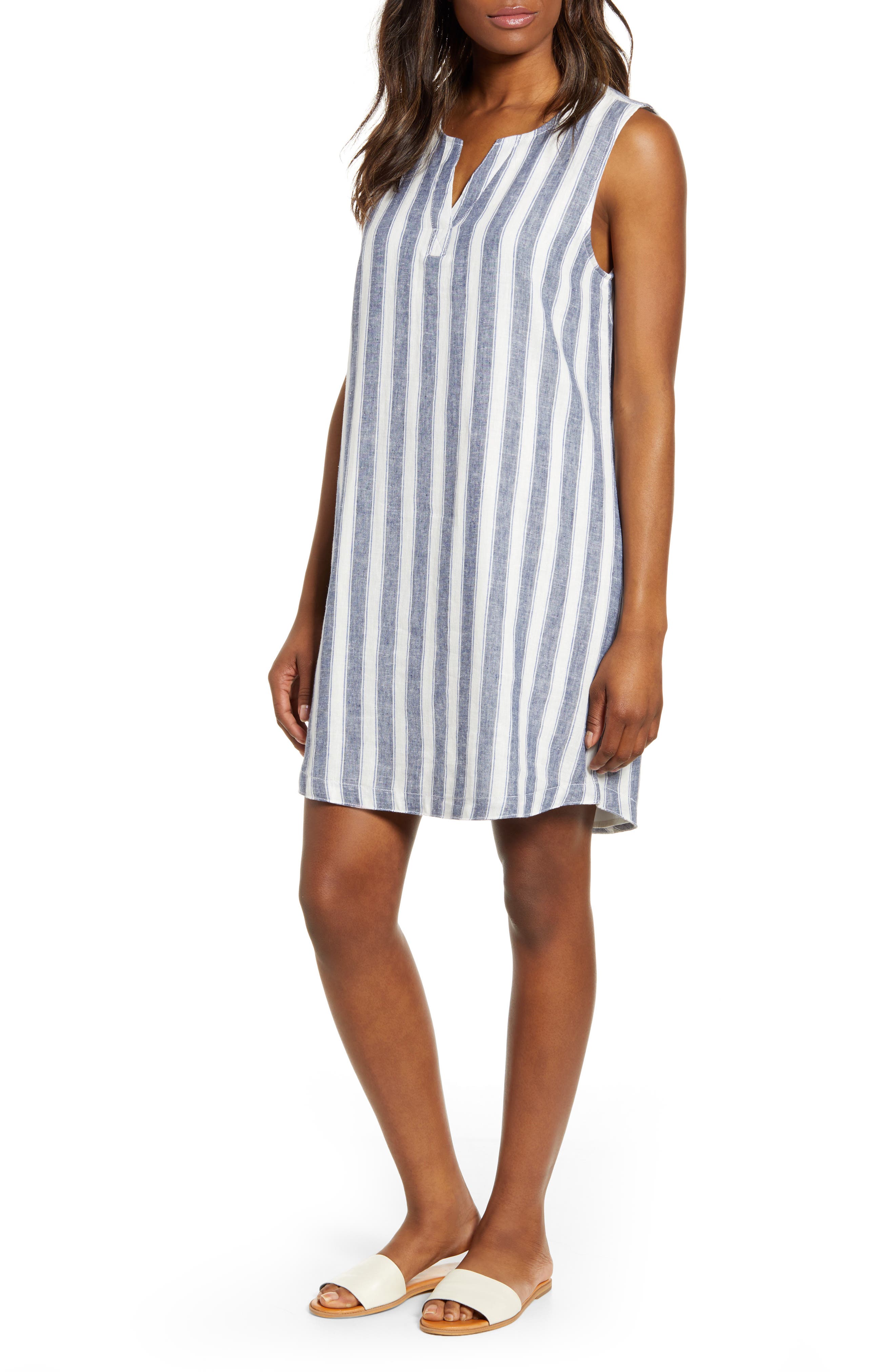 Beachlunchlounge Jaylene Stripe Sleeveless Linen & Cotton Shift Dress, Blue