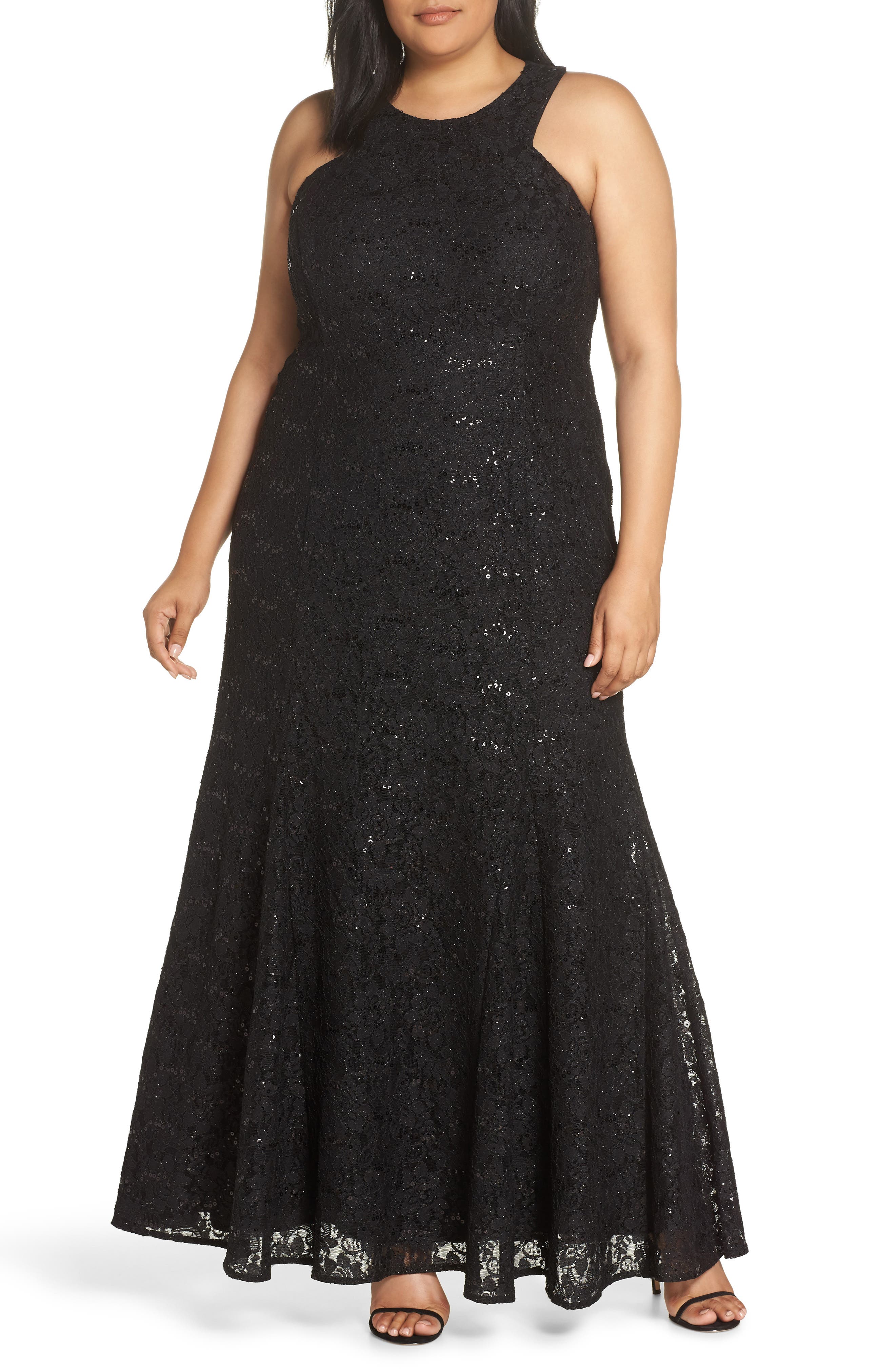 Plus Size Morgan & Co. Strappy Back Sequin Lace Gown, Black
