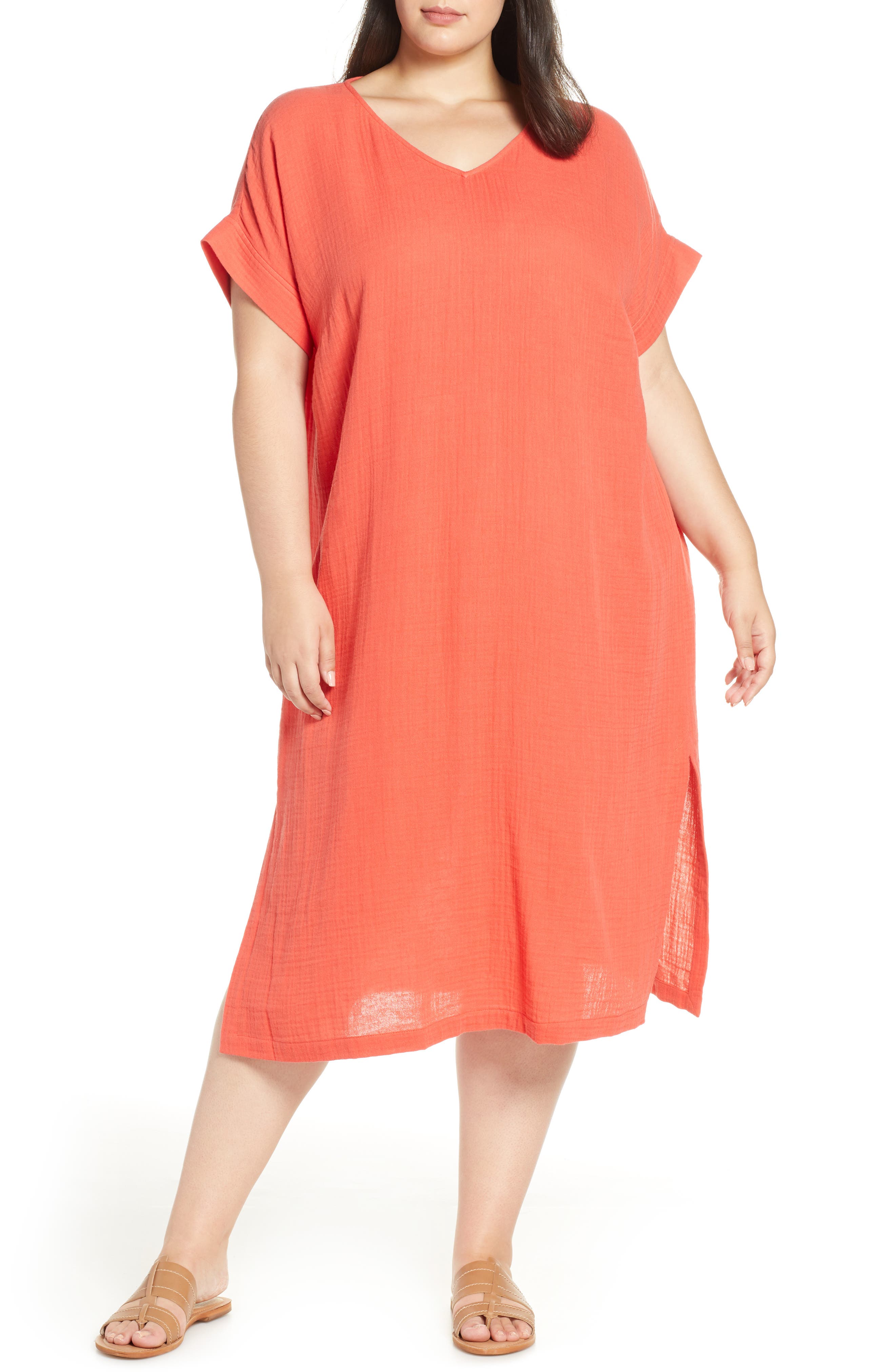 Plus Size Eileen Fisher Organic Cotton Midi Dress, Red