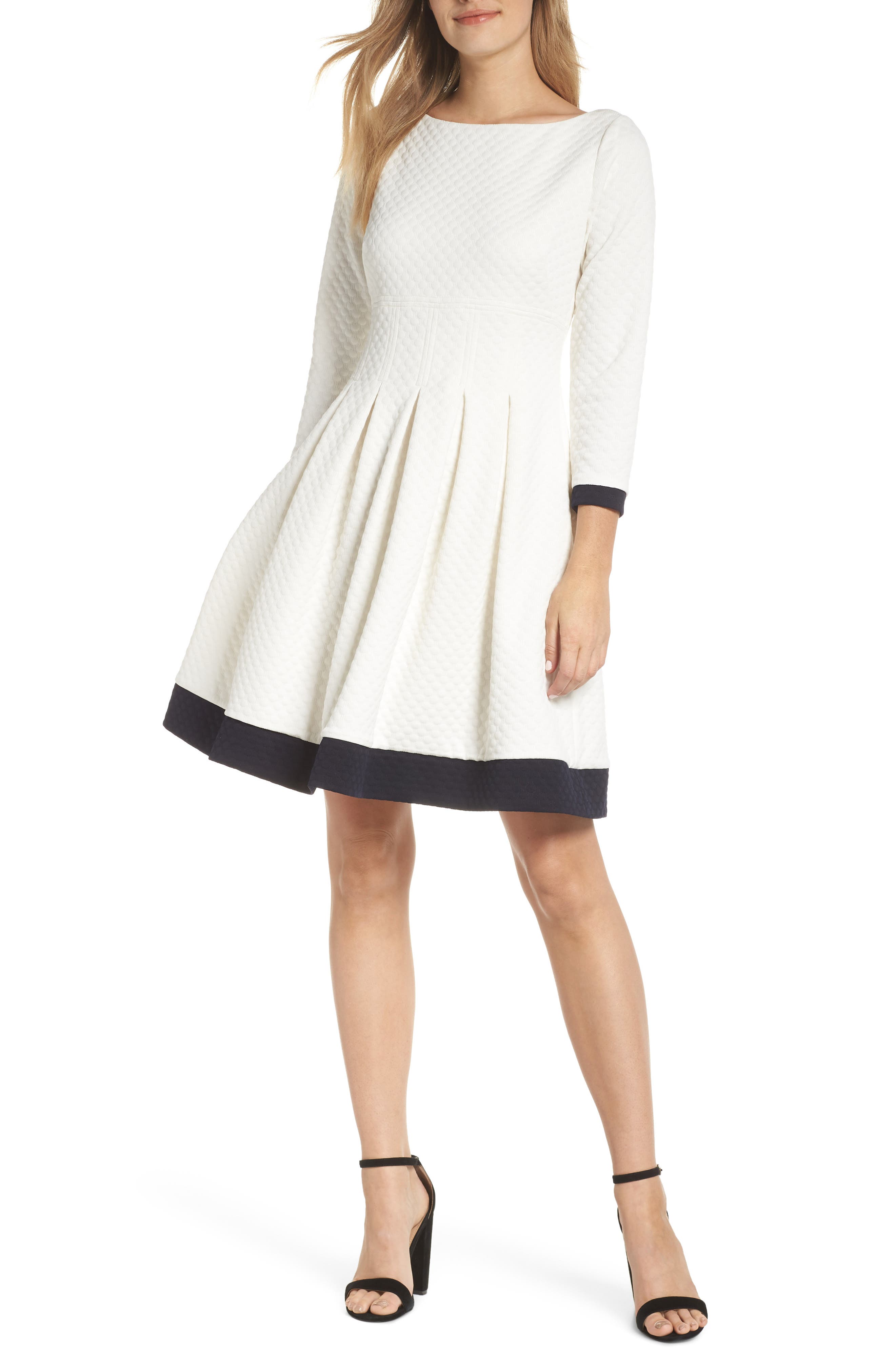 Petite Eliza J Dot Textured Fit & Flare Dress, Ivory