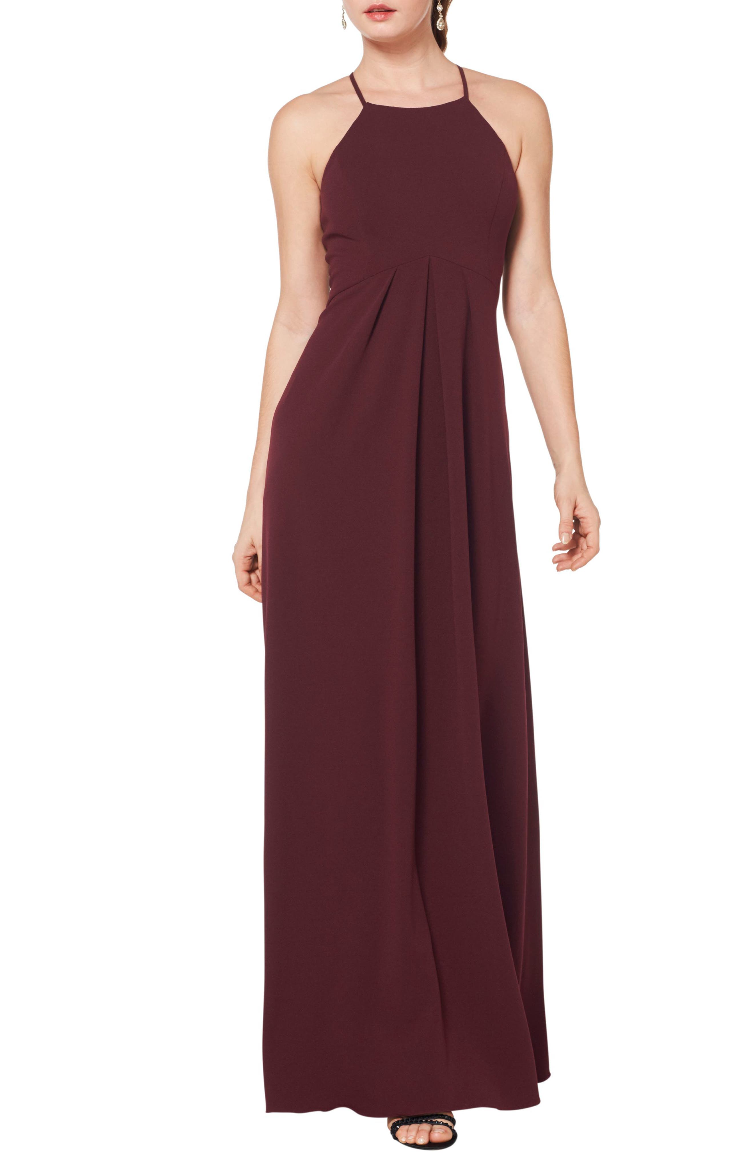#levkoff Halter Crepe A-Line Gown, Burgundy