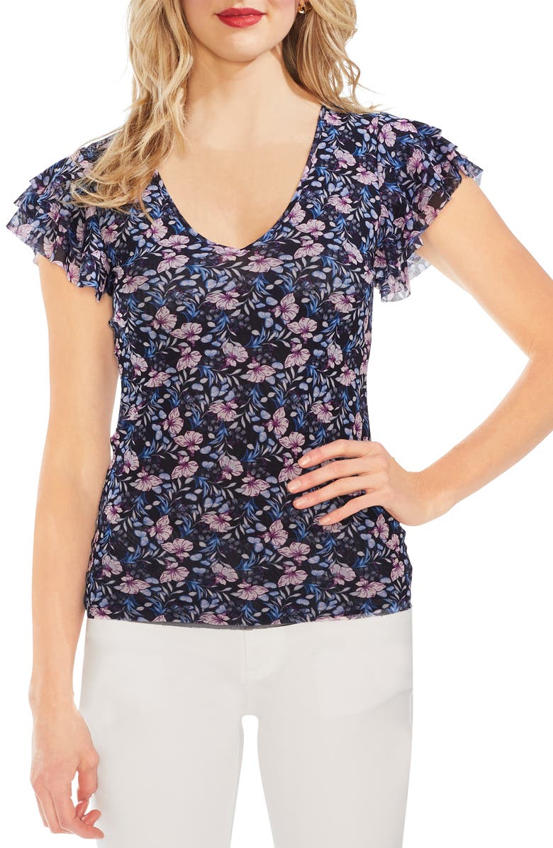 Vince Camuto Tops FLORAL MESH RUFFLE SLEEVE TOP