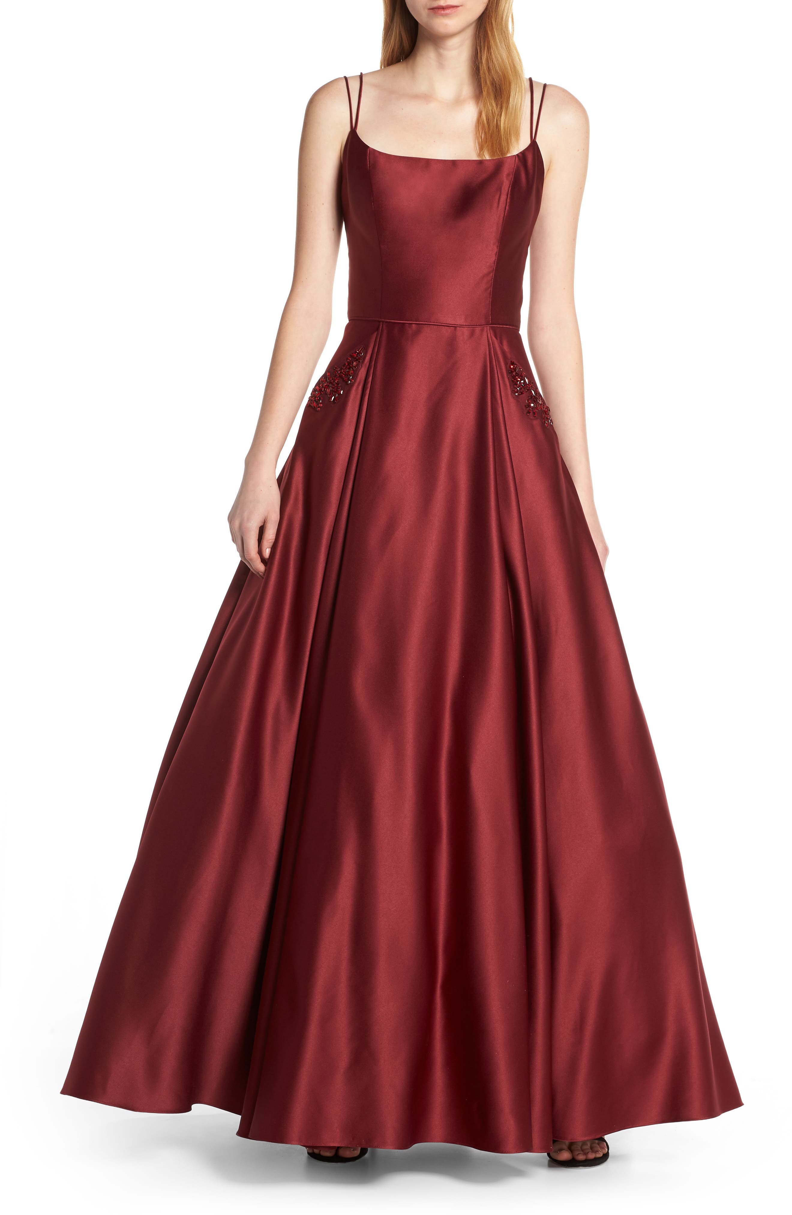 Blondie Nites Square Neck Embellished Pocket Satin Evening Dress, Burgundy