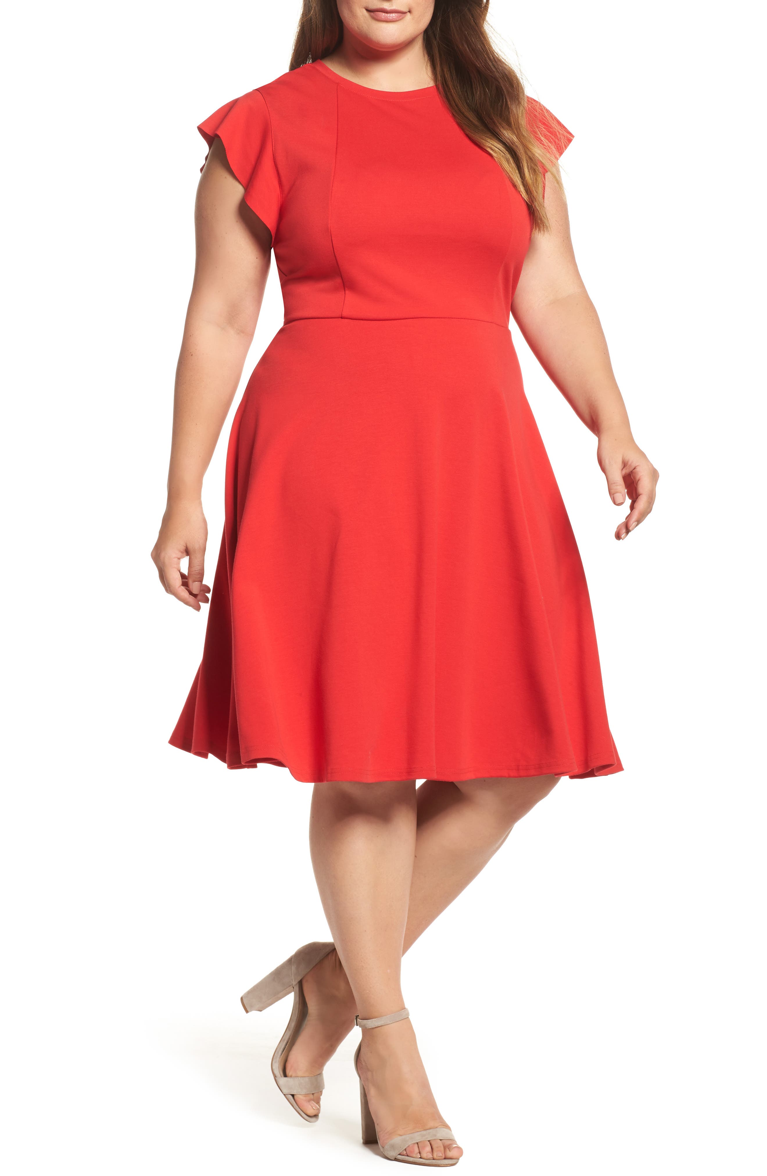 Plus Size City Chic Frill Sleeve Fit & Flare Dress, Red