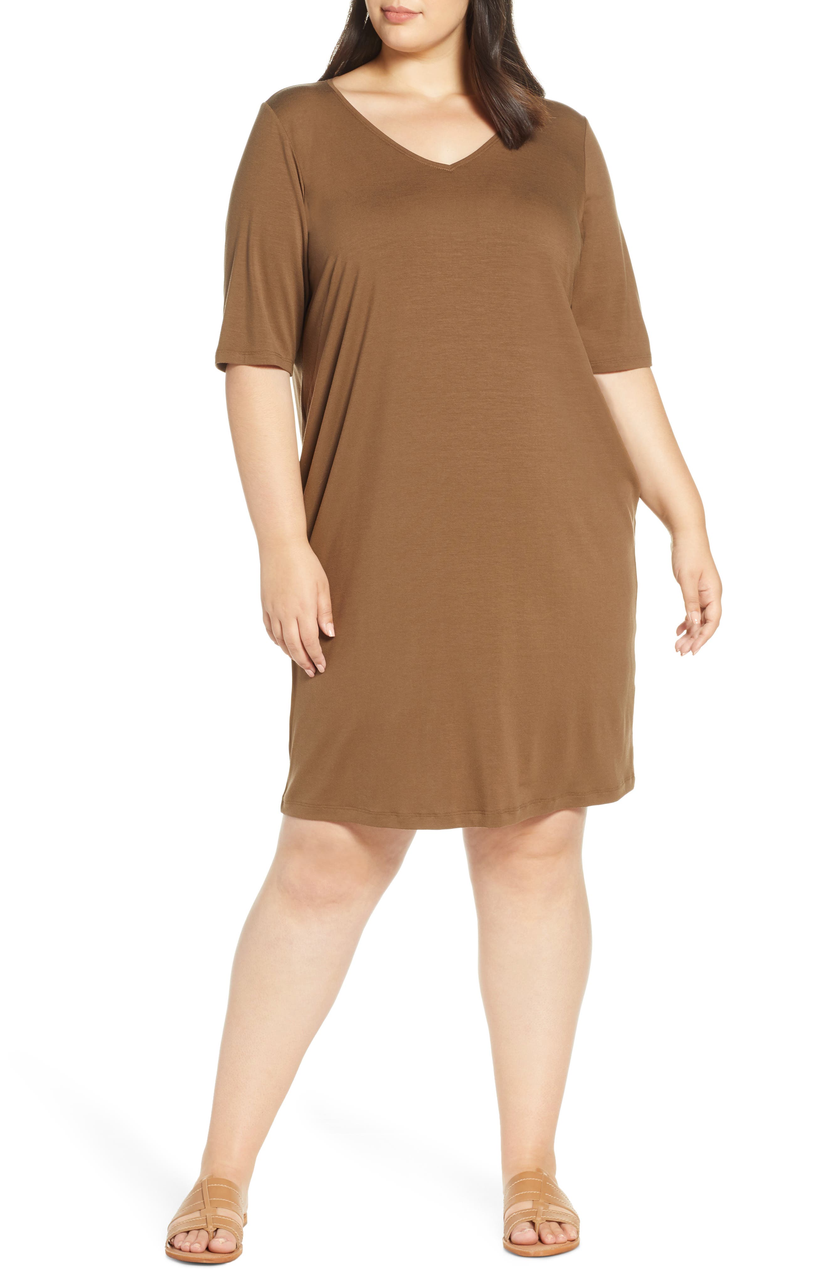 Plus Size Eileen Fisher V-Neck Shift Dress, Brown
