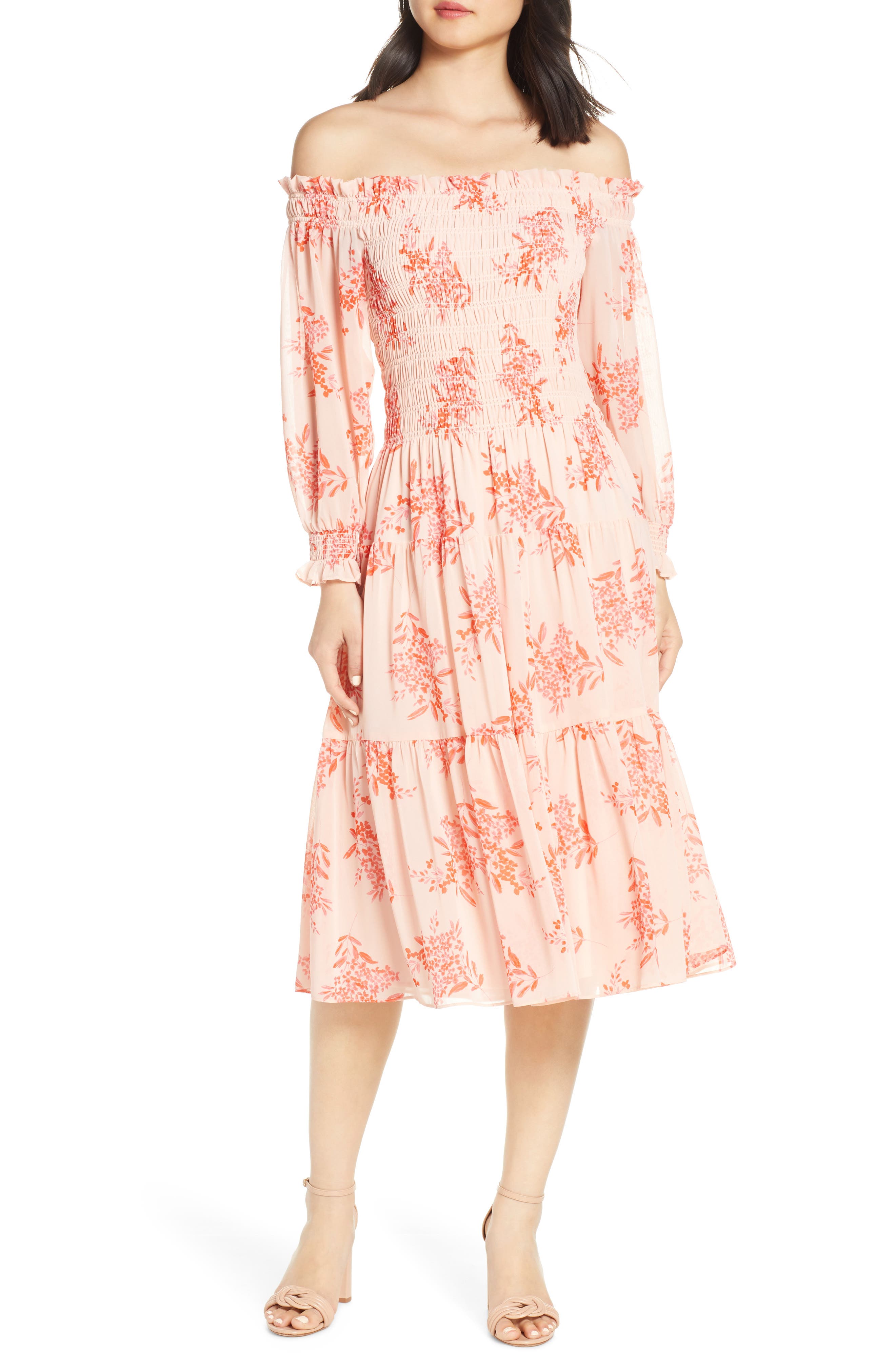 Eliza J Off The Shoulder Chiffon Midi Dress, Pink