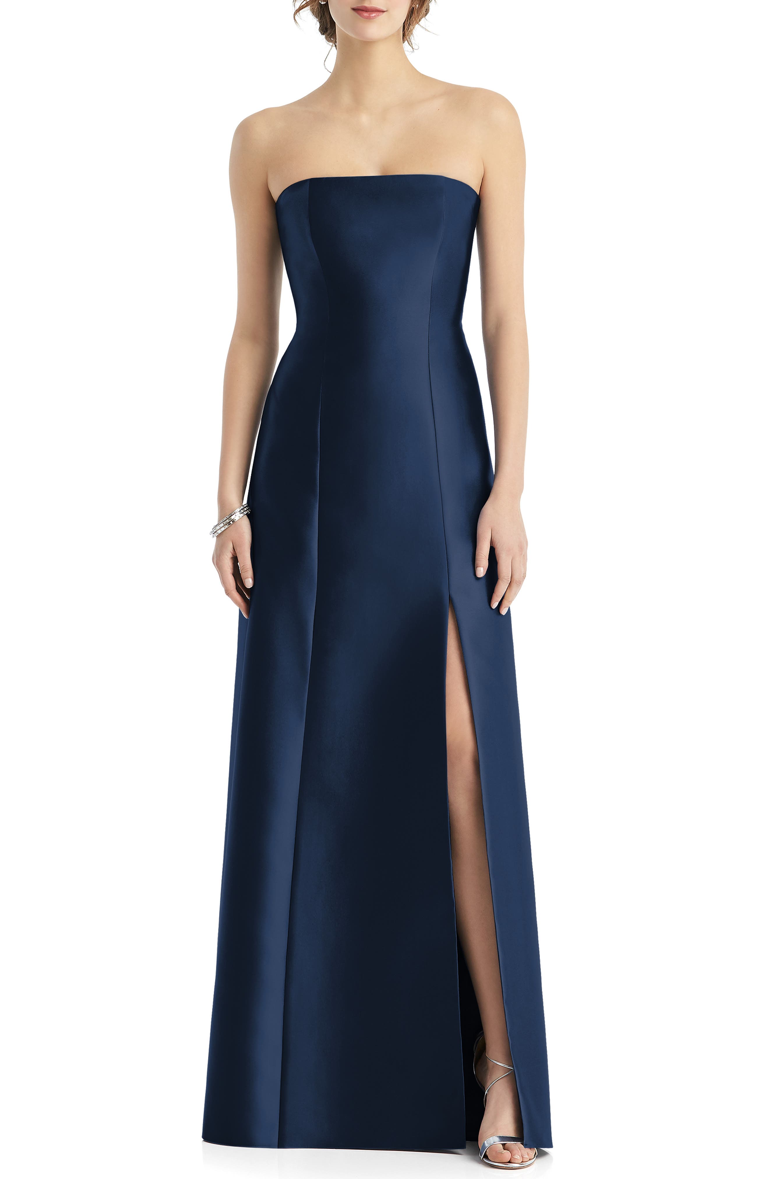 Alfred Sung Strapless Side Slit Satin Gown, Blue