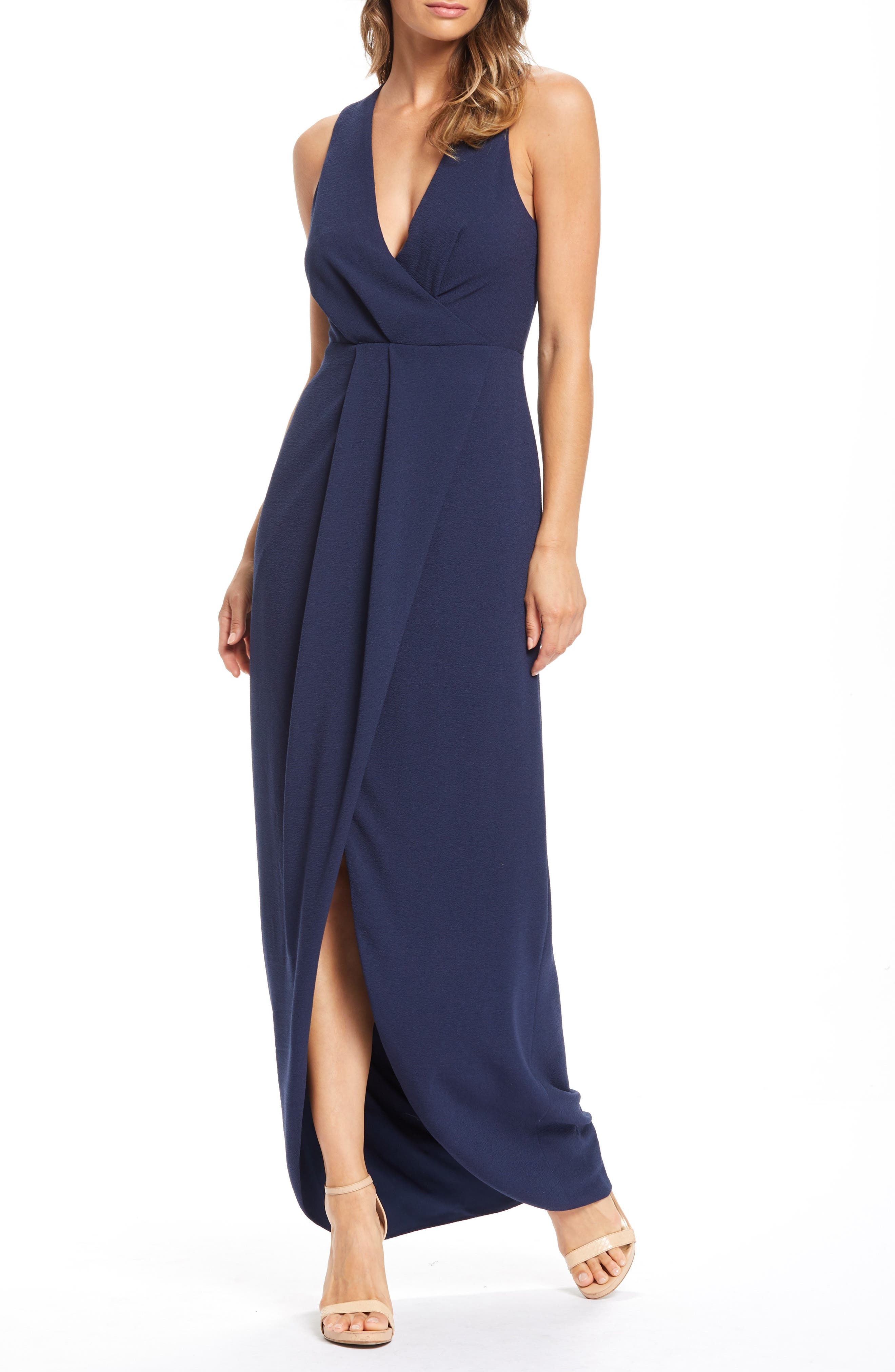 Dress The Population Ariel Racerback Faux Wrap Evening Dress, Blue