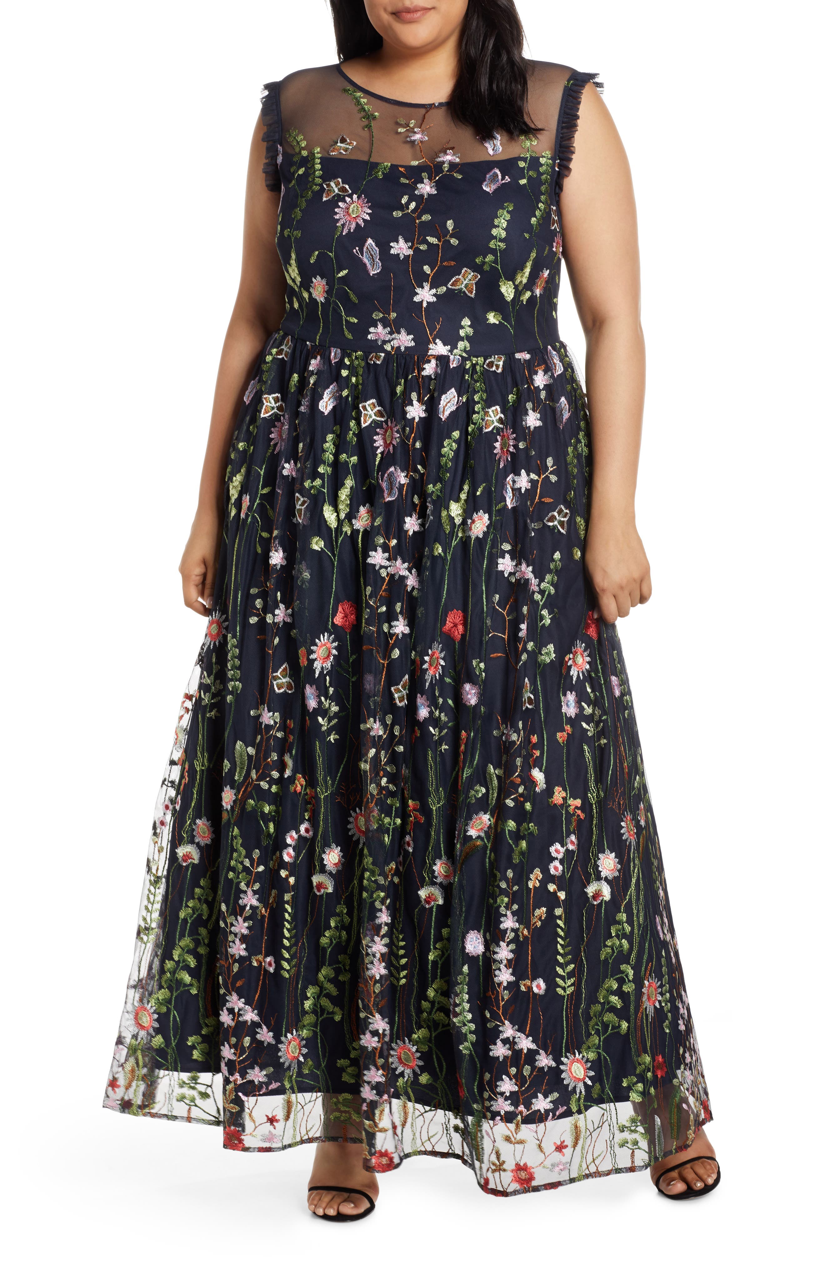 Plus Size Morgan & Co. Embroidered Mesh Evening Gown, Blue