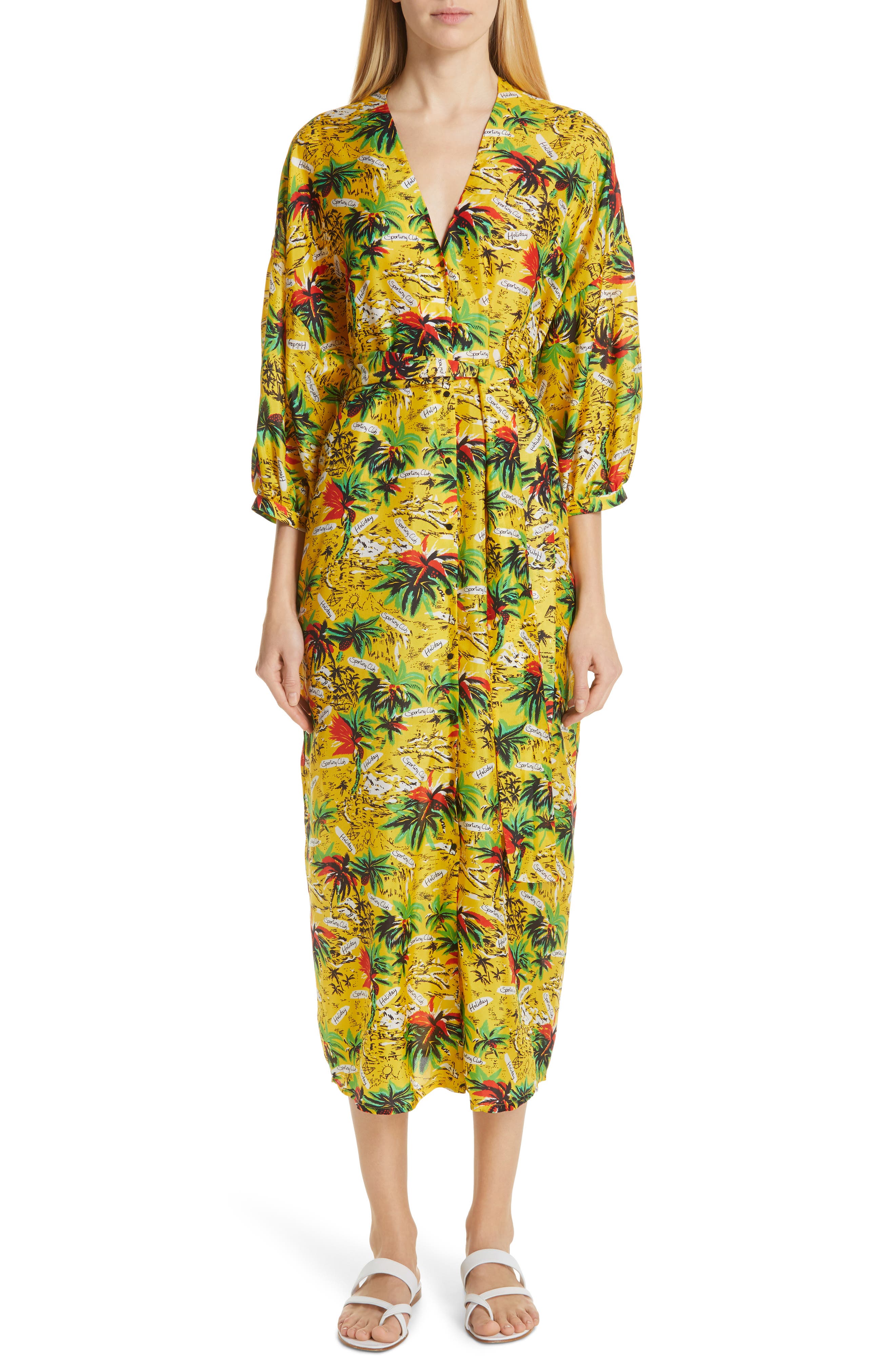 Roseanna Tropical Print Silk Midi Dress, Yellow