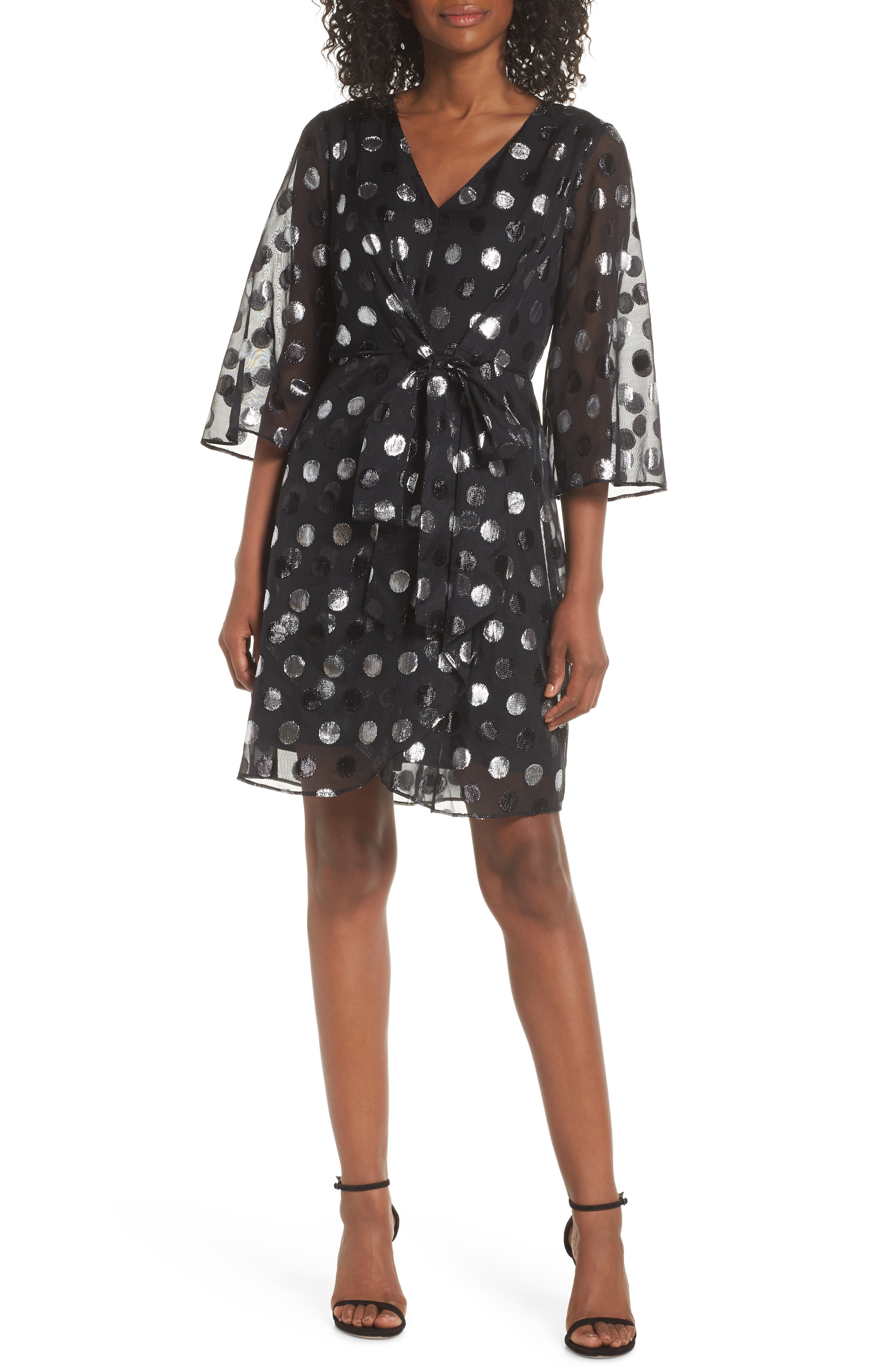 Julia Jordan Tie Front Clip Dot Chiffon Dress, Black