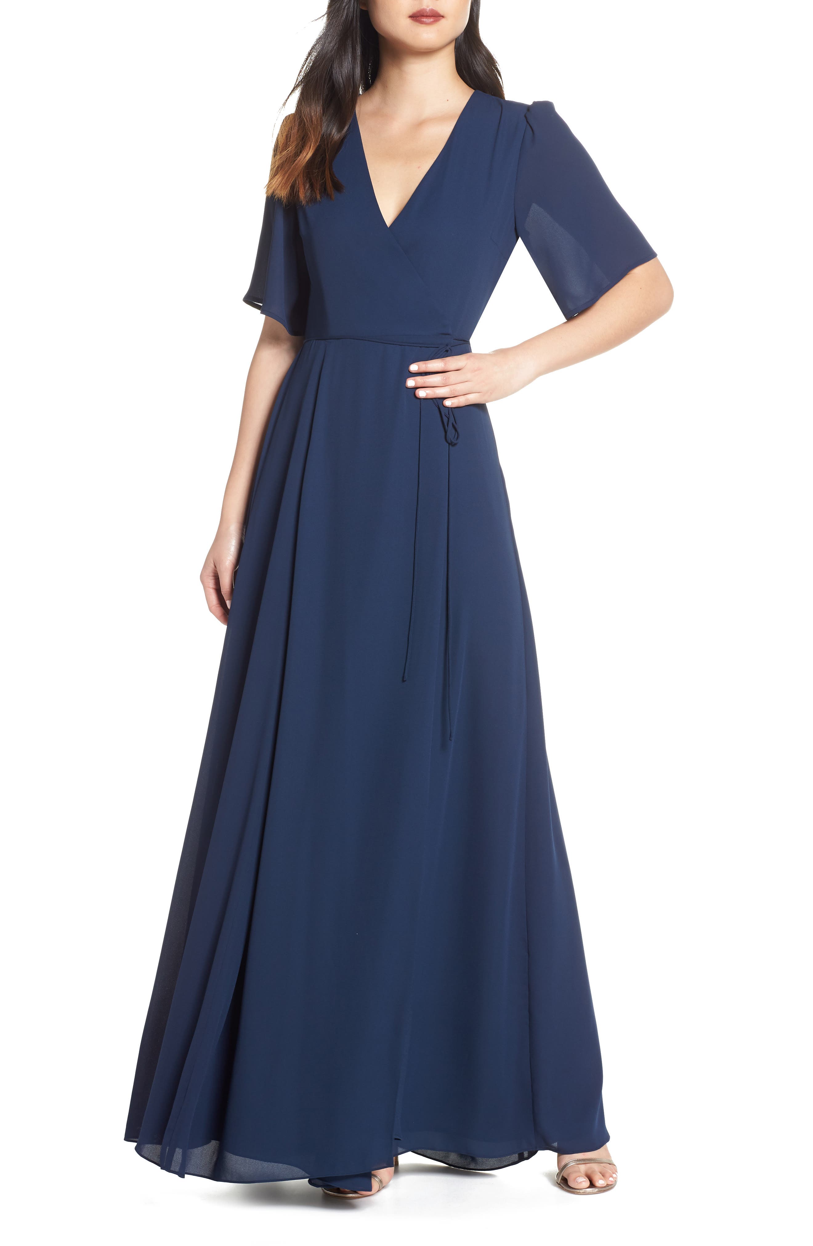 Wayf The Aurelia Short Sleeve Wrap Evening Dress, Blue