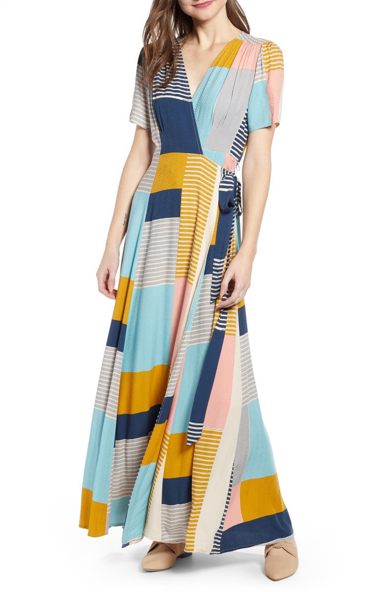 THE ODELLS Colorblock Pattern Mix Faux Wrap Maxi Dress