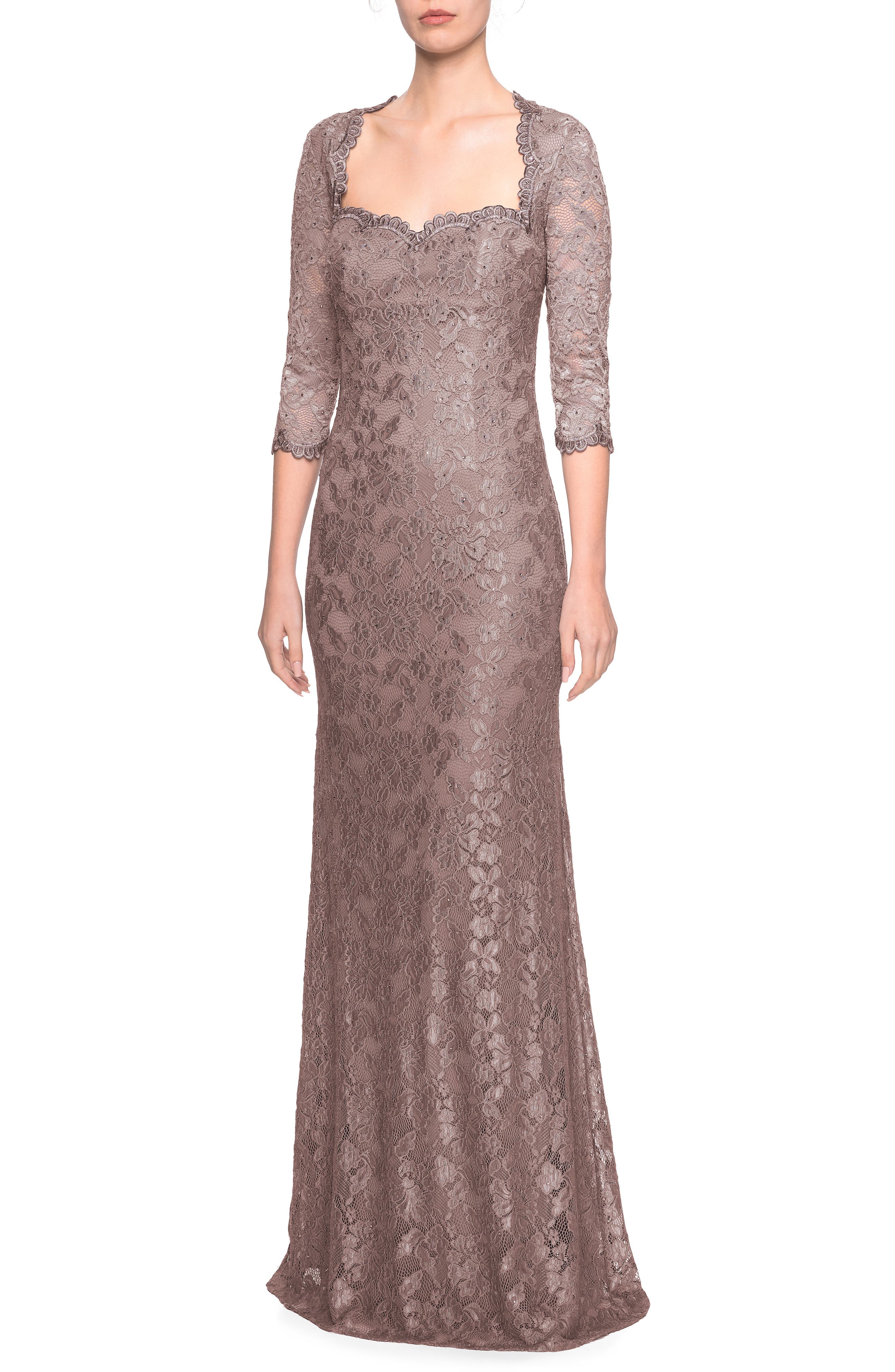 La Femme Lace Column Gown, Brown
