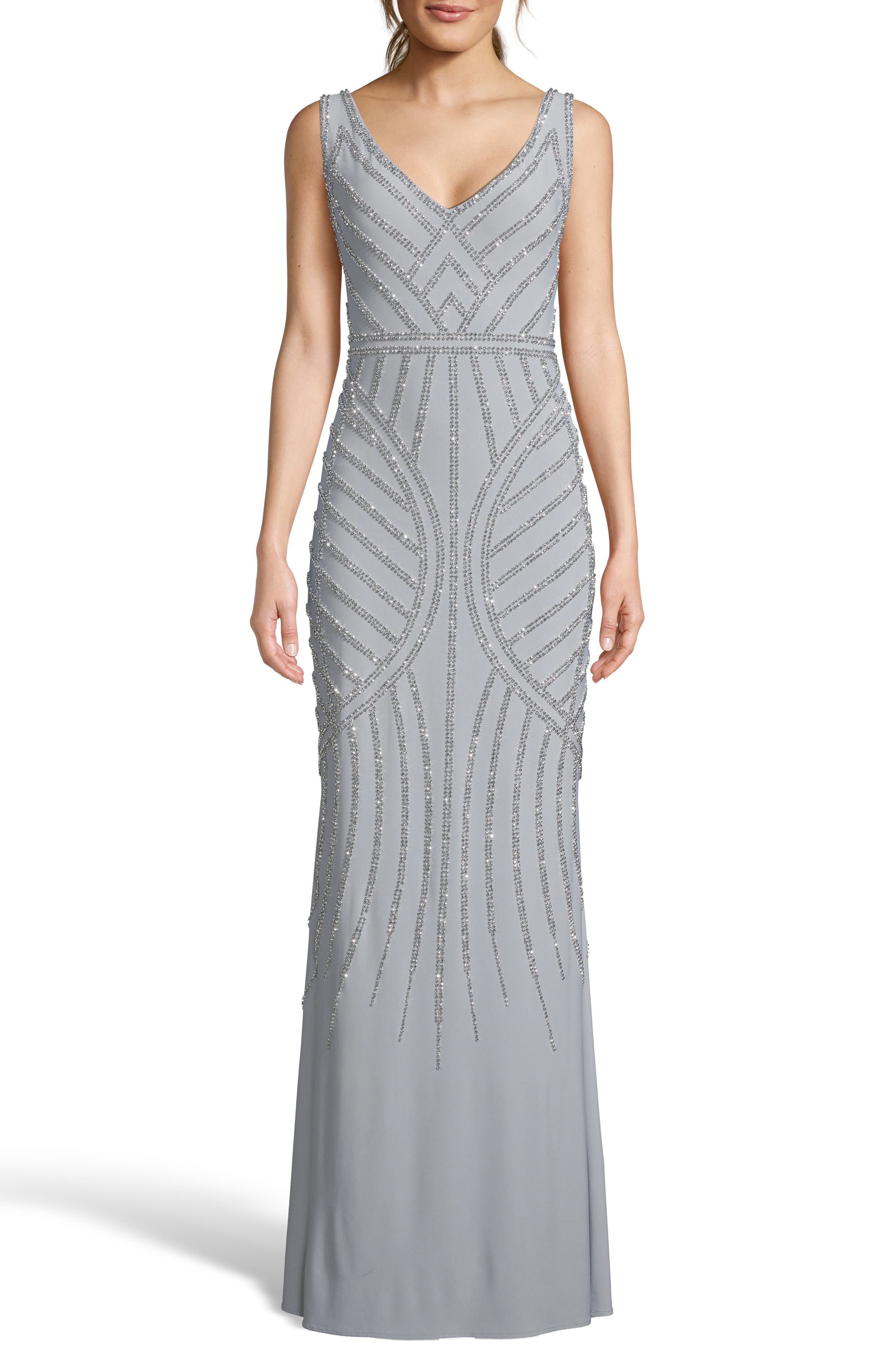 Xscape Deco Beaded Evening Dress, Metallic