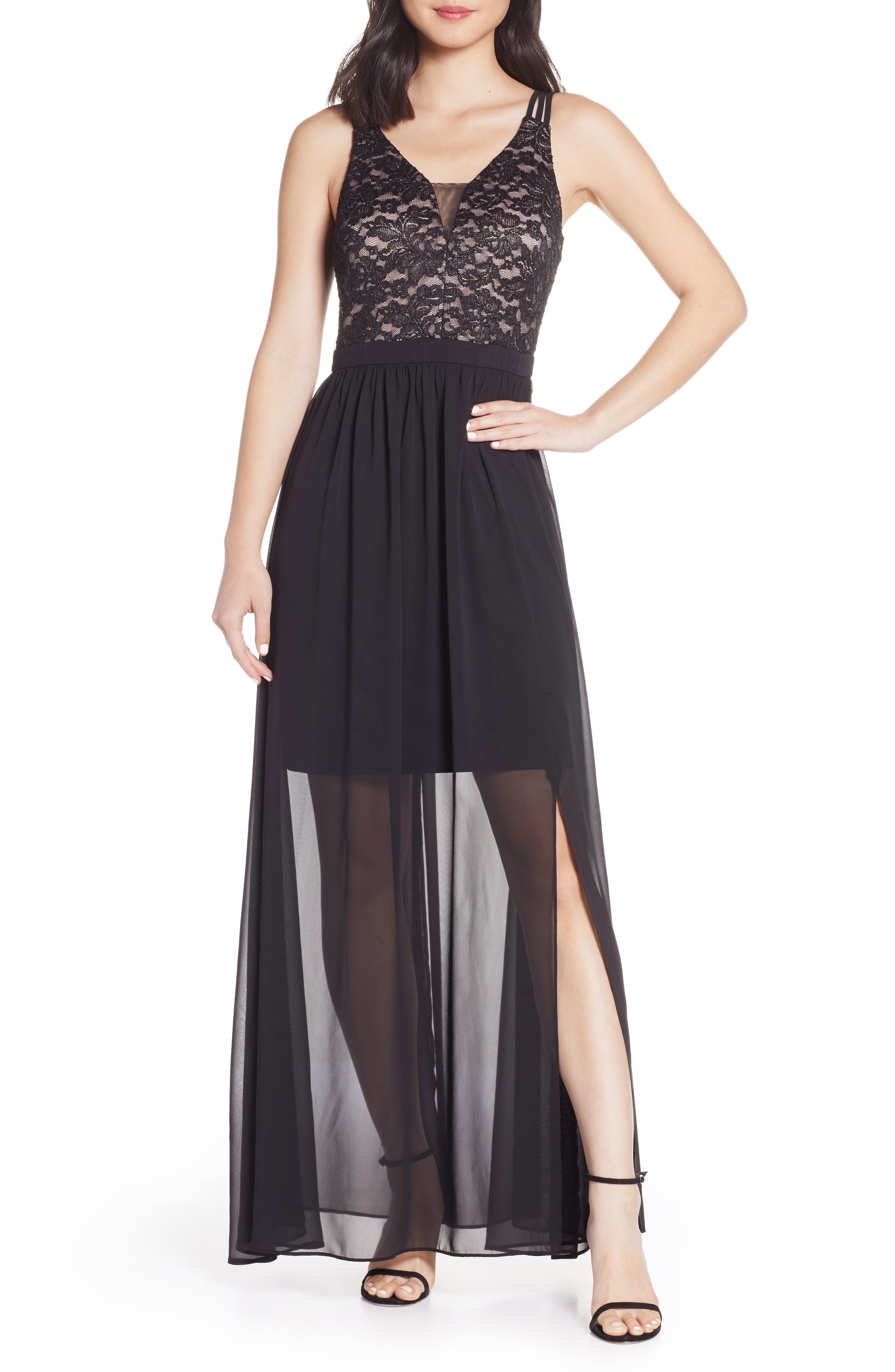 Morgan & Co. Strappy Lace Bodice Chiffon Gown, Black