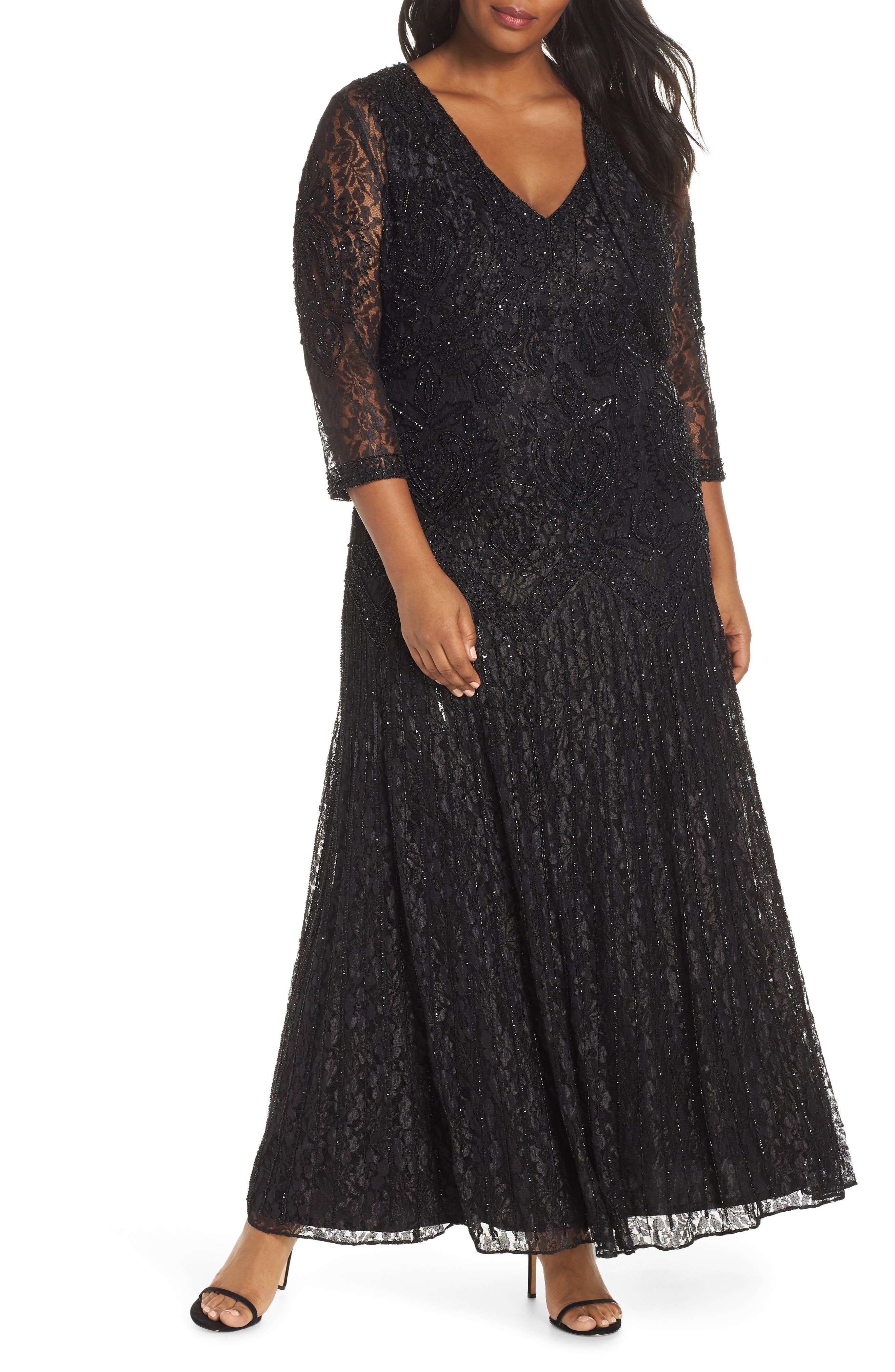 Plus Size Pisarro Nights Beaded Lace Evening Dress With Bolero, Black