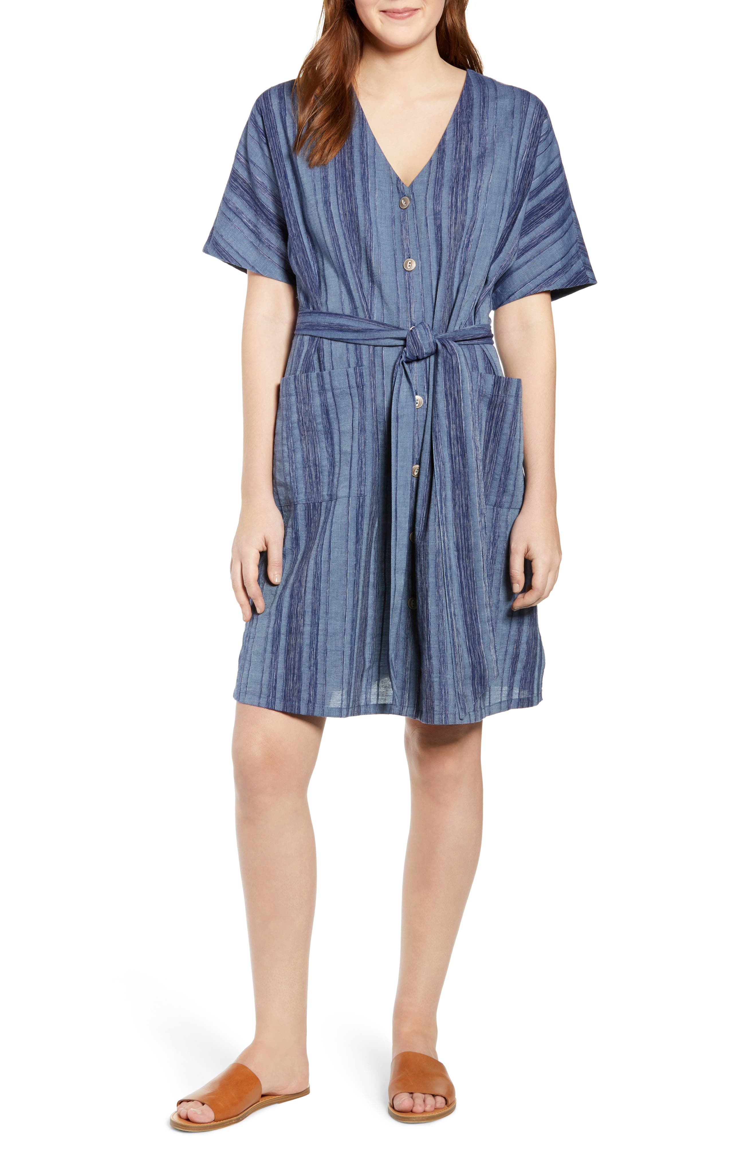 Petite Caslon Button Front Belted Dress, Blue