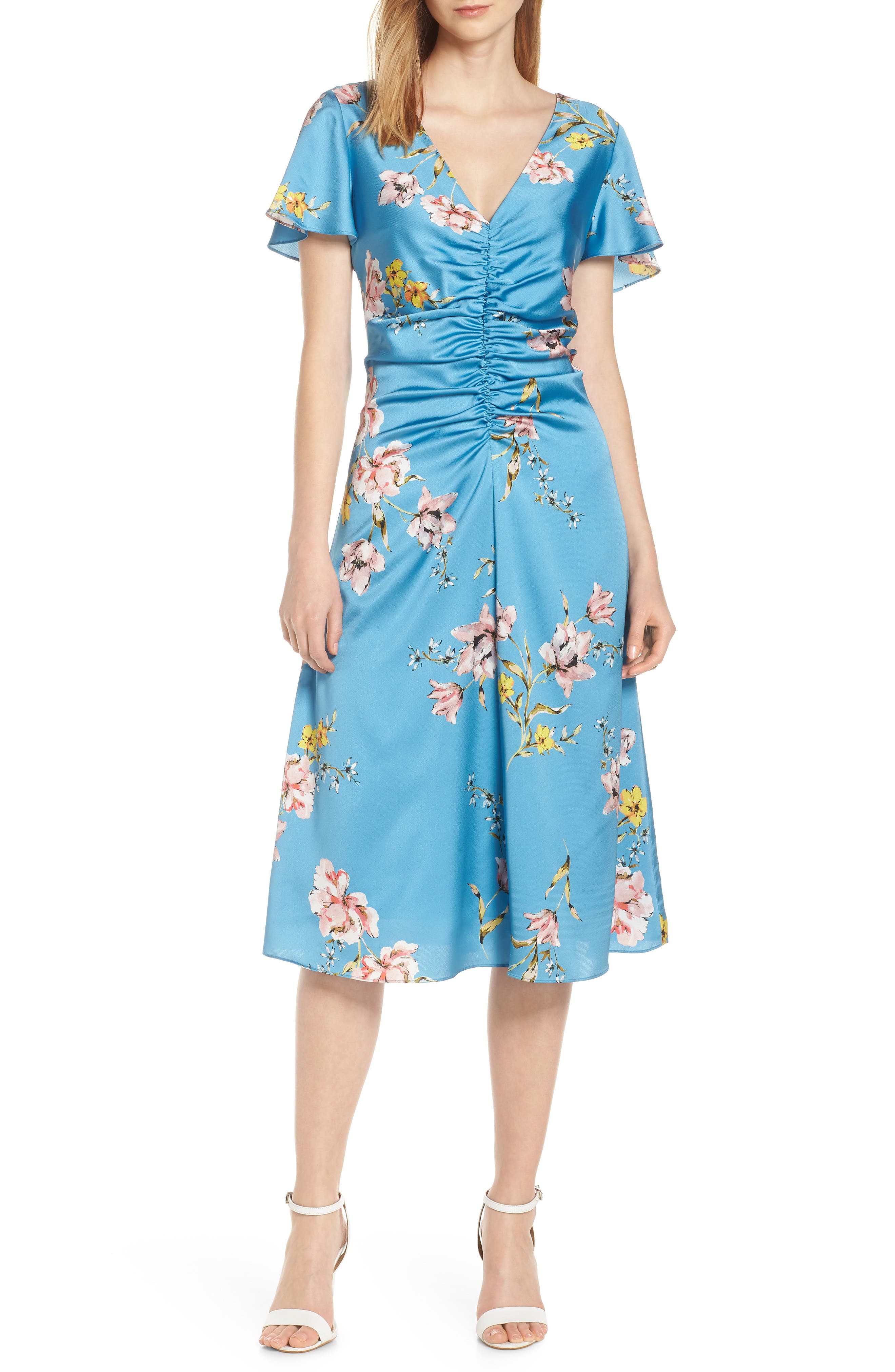 Avec Les Filles Painterly Boutique Ruched Satin Dress, Blue