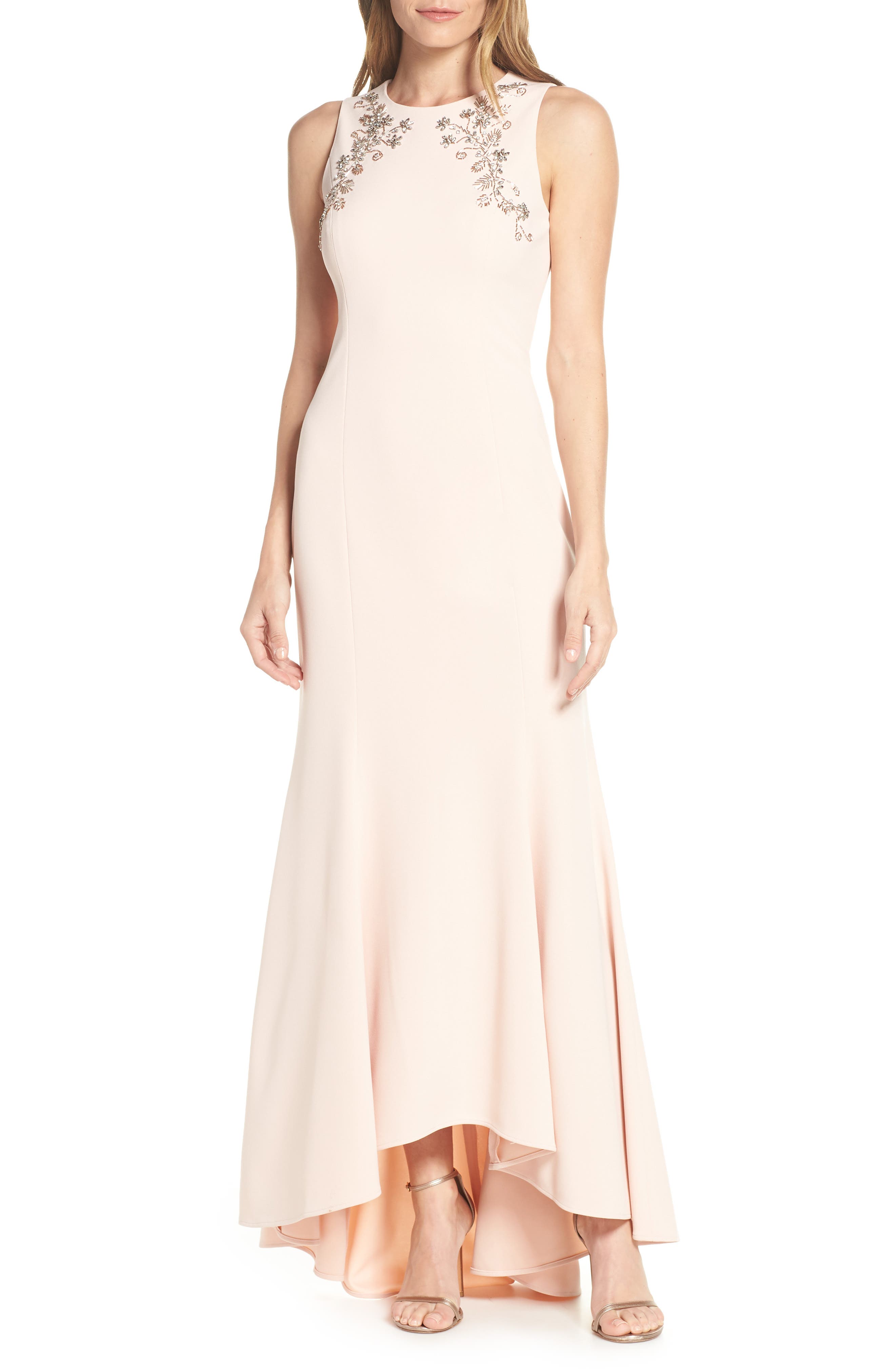 Eliza J Sleeveless Beaded Trumpet Evening Dress, Pink