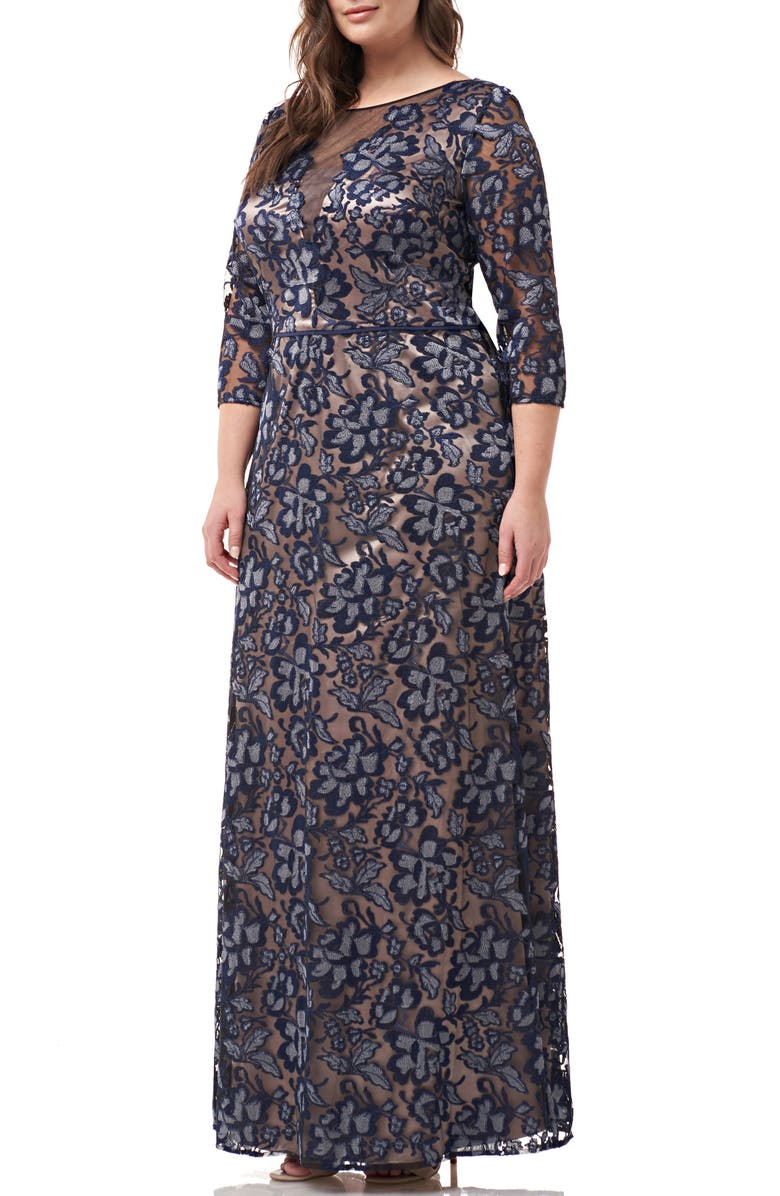 JS Collections Floral Embroidered Mesh Gown (Plus Size) | Nordstrom