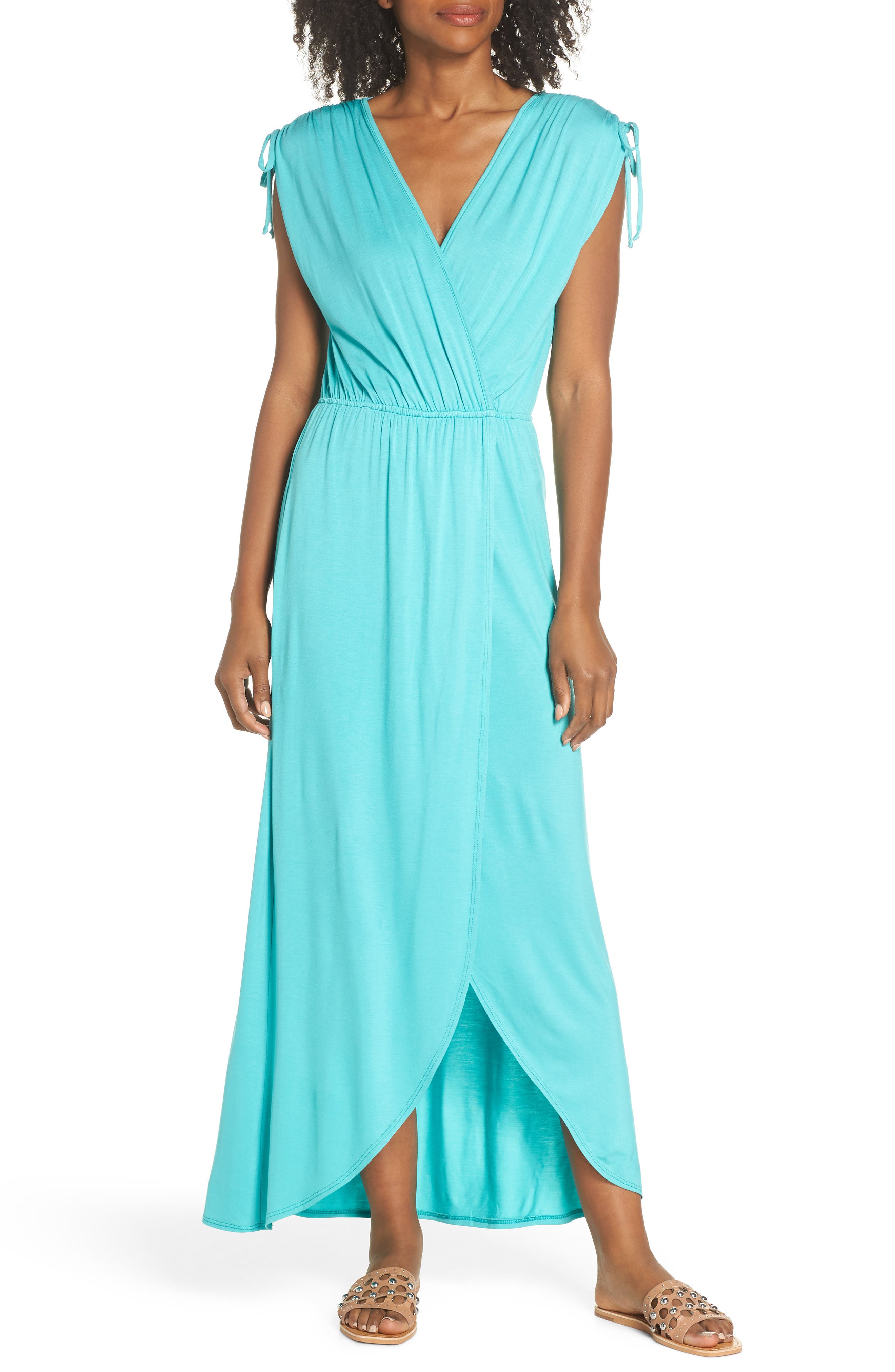 Fraiche By J Tie Shoulder Faux Wrap Maxi Dress, Green