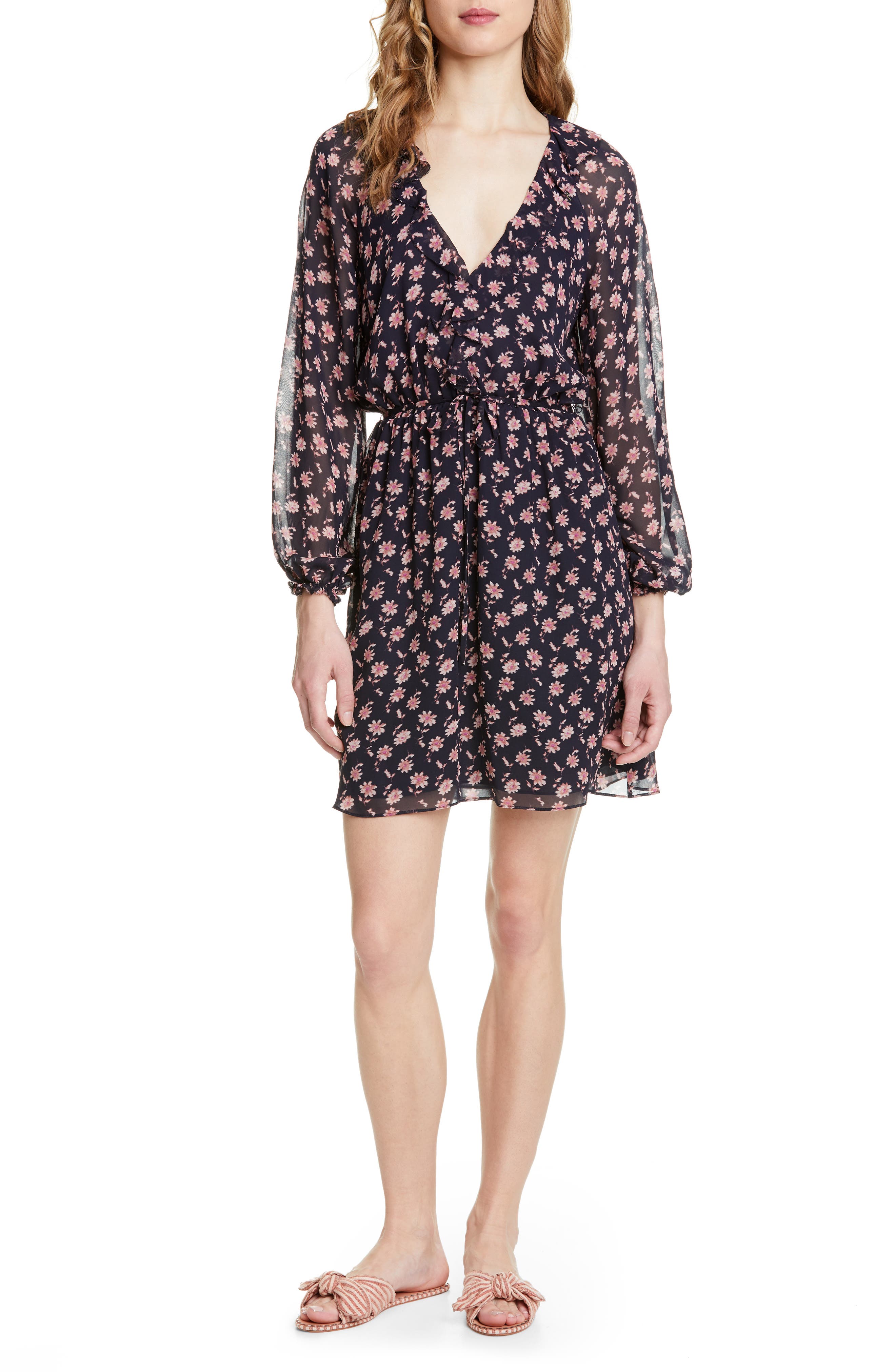 Joie Marelle Ruffle Neck Long Sleeve Silk Dress, Blue
