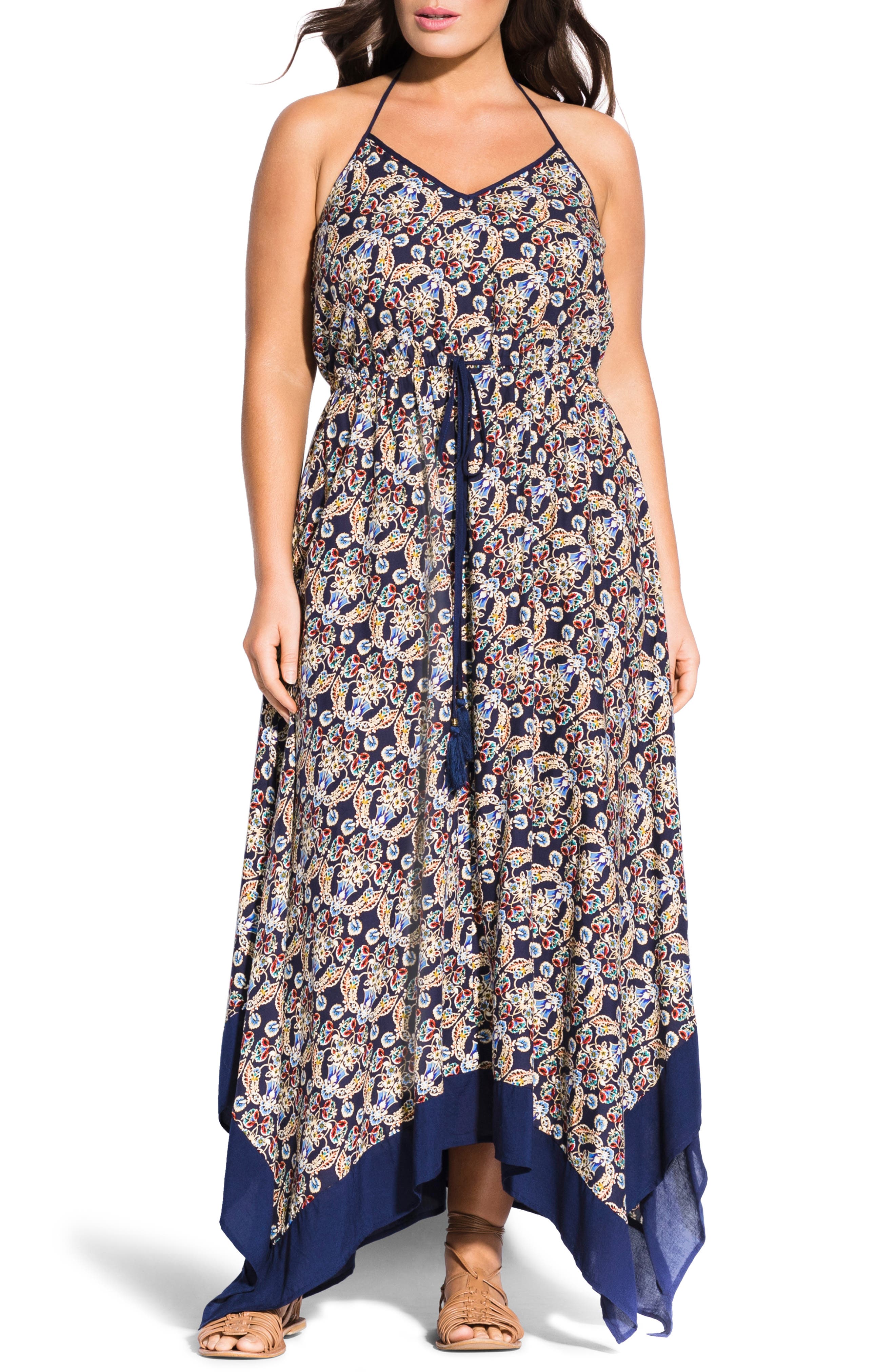 Plus Size City Chic Boho Border Handkerchief Hem Maxi Dress, Blue