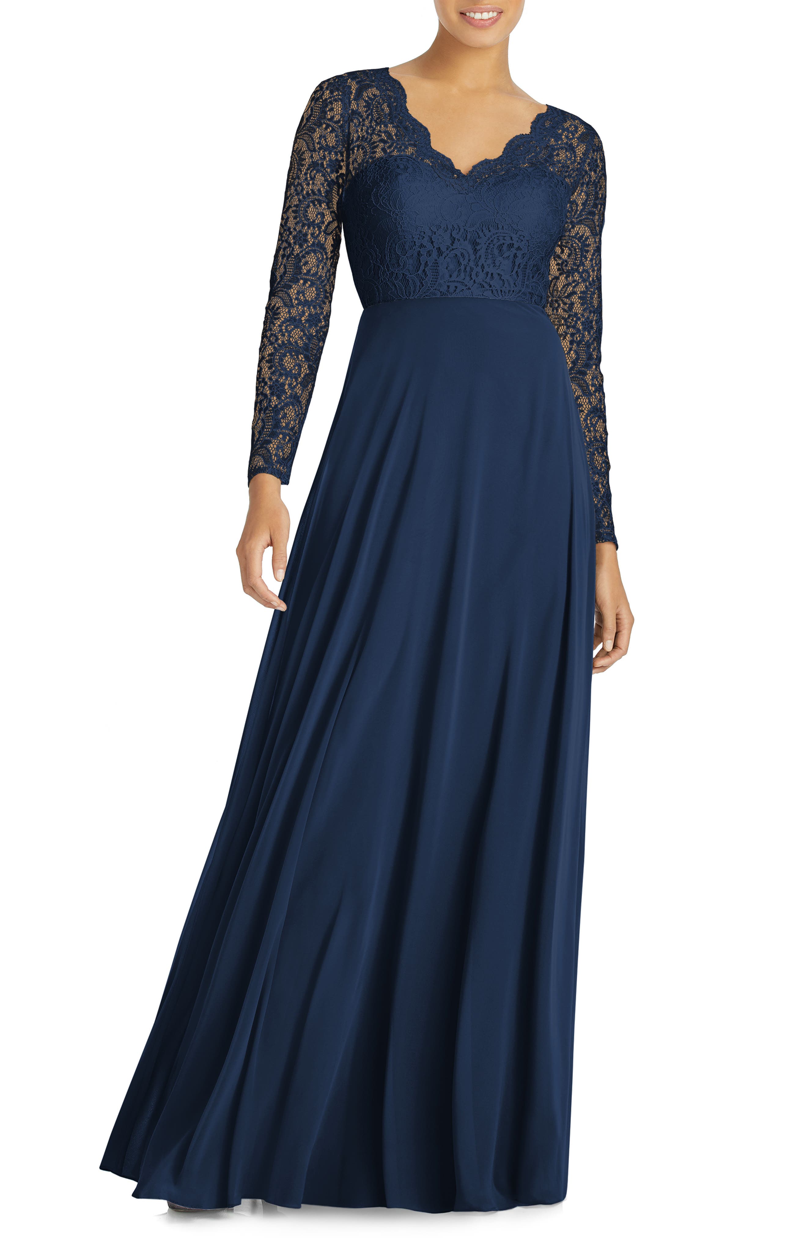 Dessy Collection Long Sleeve Lace & Chiffon Gown, Blue