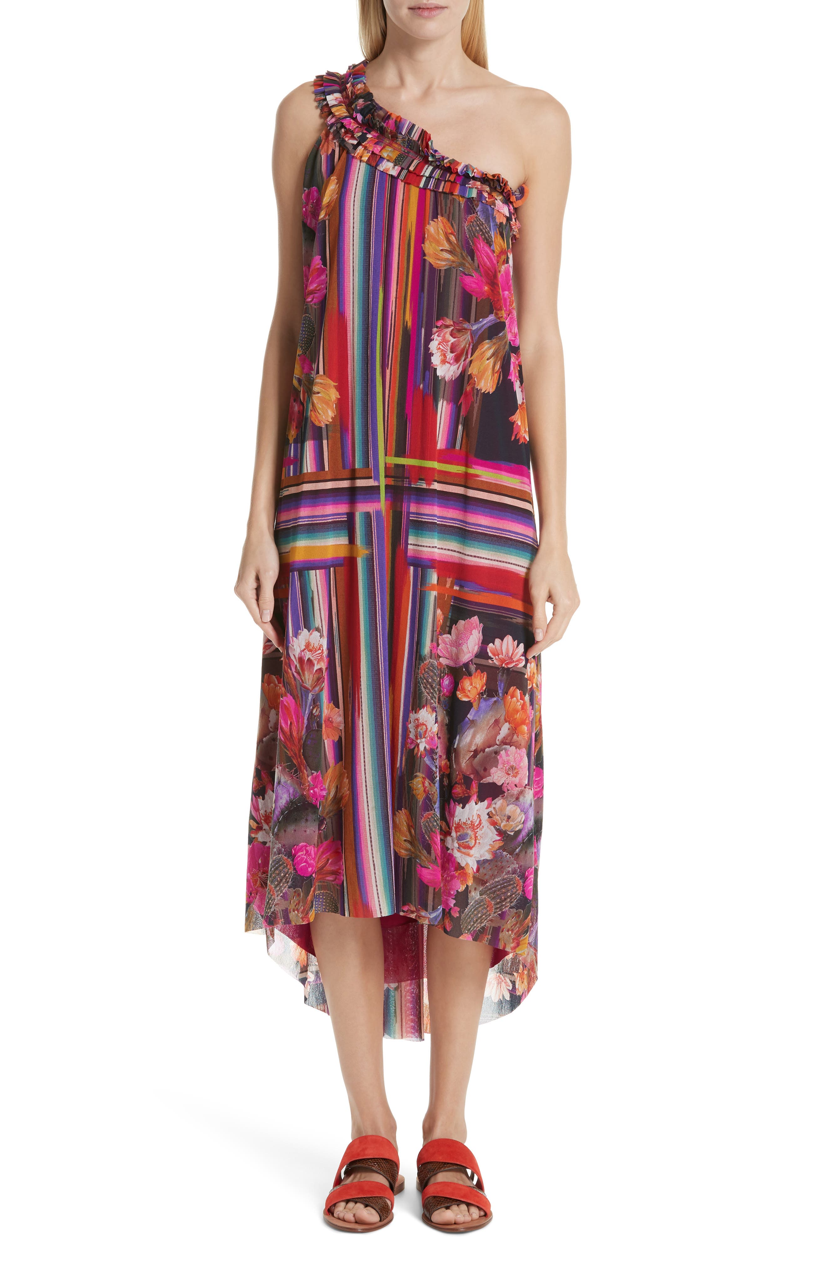 Fuzzi Cactus Print Tulle One-Shoulder Dress, Pink