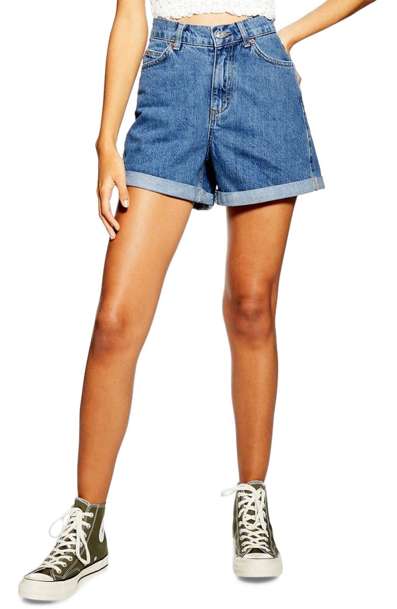 TOPSHOP Roll Cuff Denim Mom Shorts, Main, color, MID DENIM