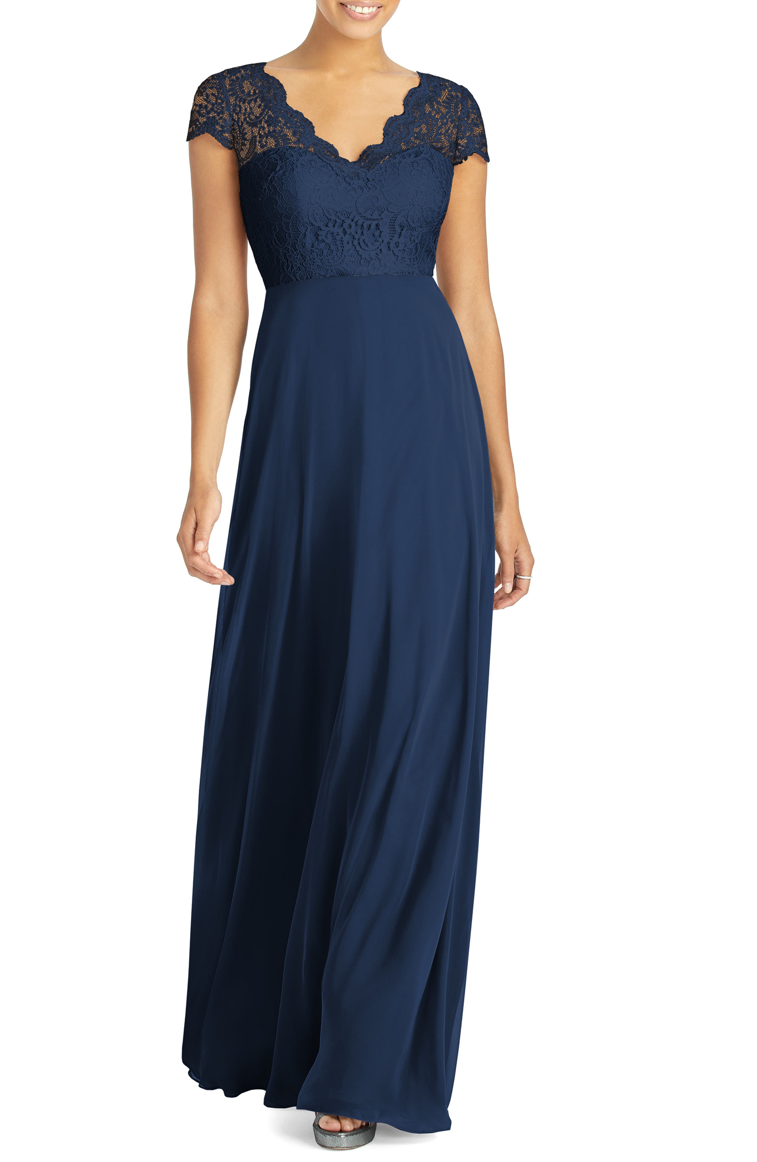 Dessy Collection Cap Sleeve Lace & Chiffon Gown, Blue