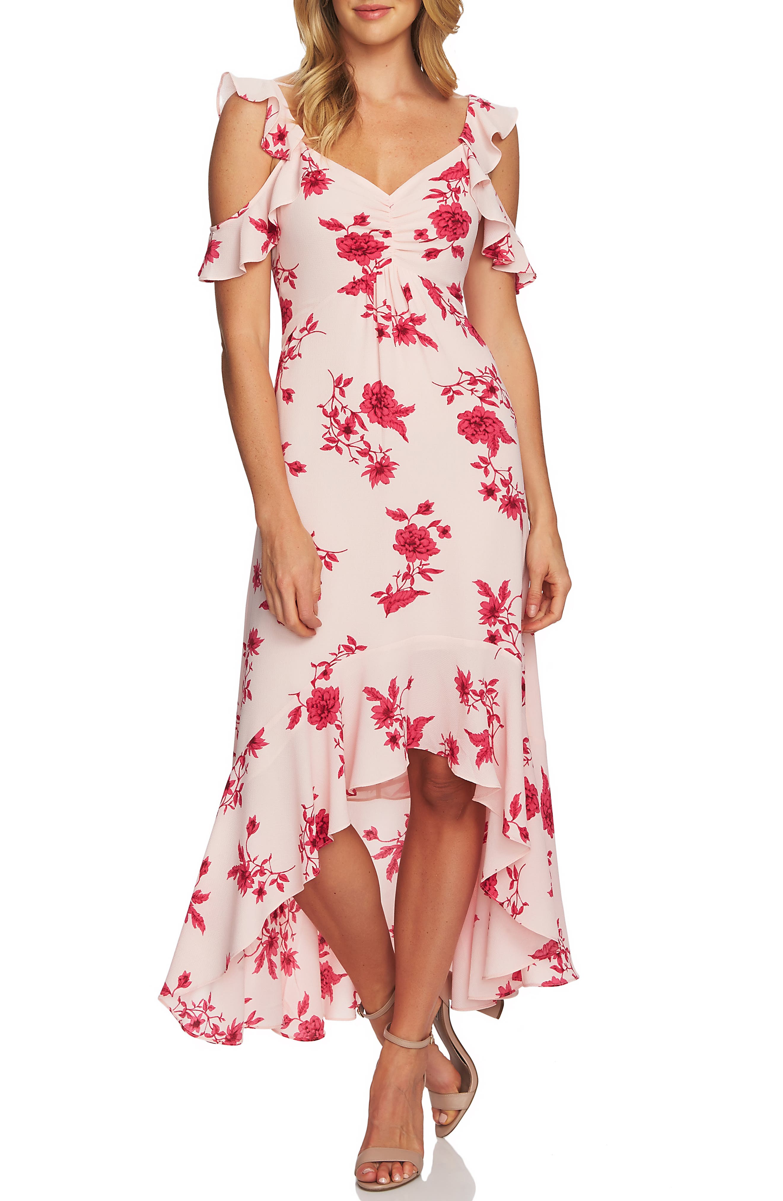 Cece Etched Floral High/low Midi Dress, Pink