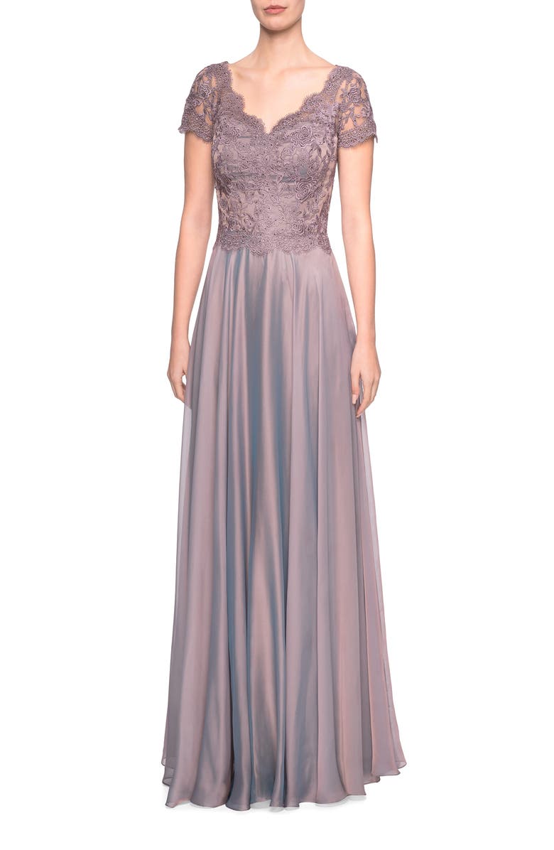 La Femme Embroidered Lace & Chiffon Evening Dress In Cocoa | ModeSens